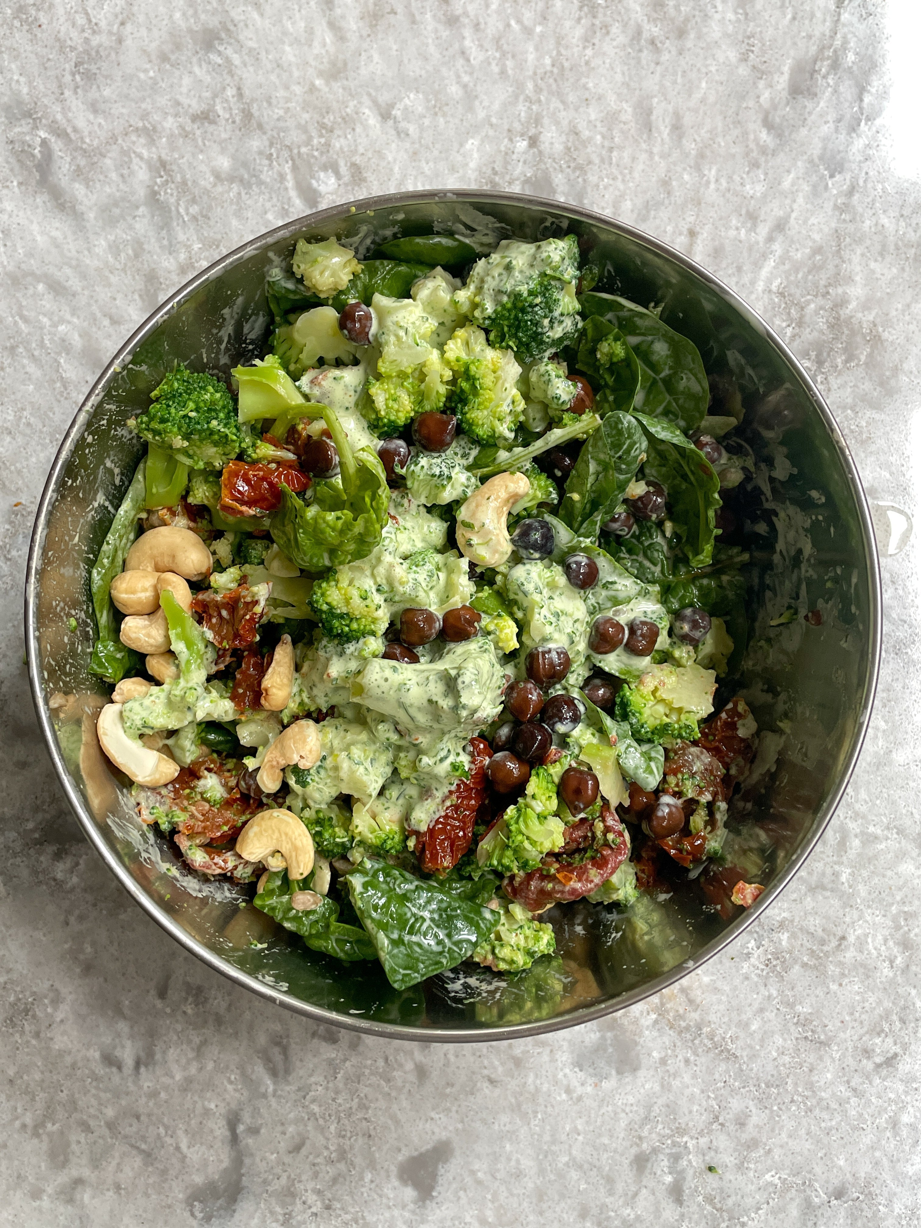 Black Chickpea, Sundried Tomato + Broccoli Chopped Salad with Herby Yoghurt Dressing
