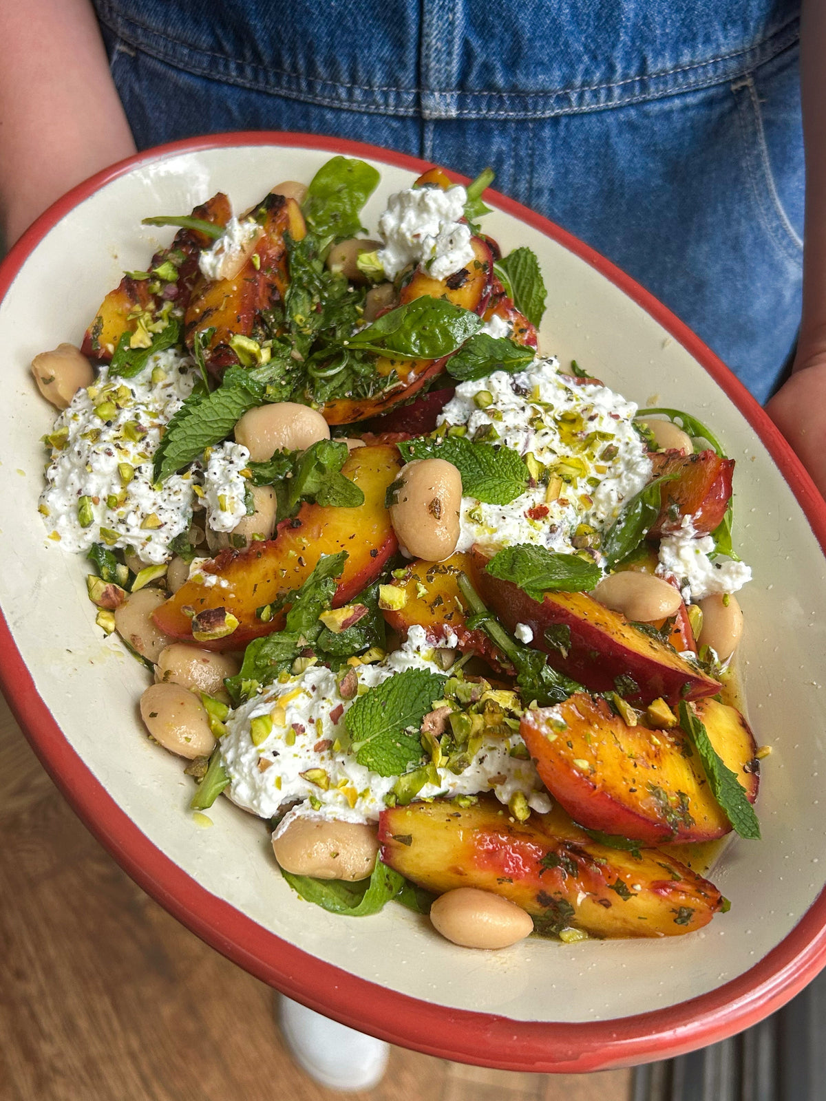 Grilled Peach, Butter Bean + Creamy Cottage Cheese Salad with Fresh Basil + Toasted Pistachios   Grilled Peach, Butter Bean + Creamy Cottage Cheese Salad with Fresh Basil + Toasted Pistachios