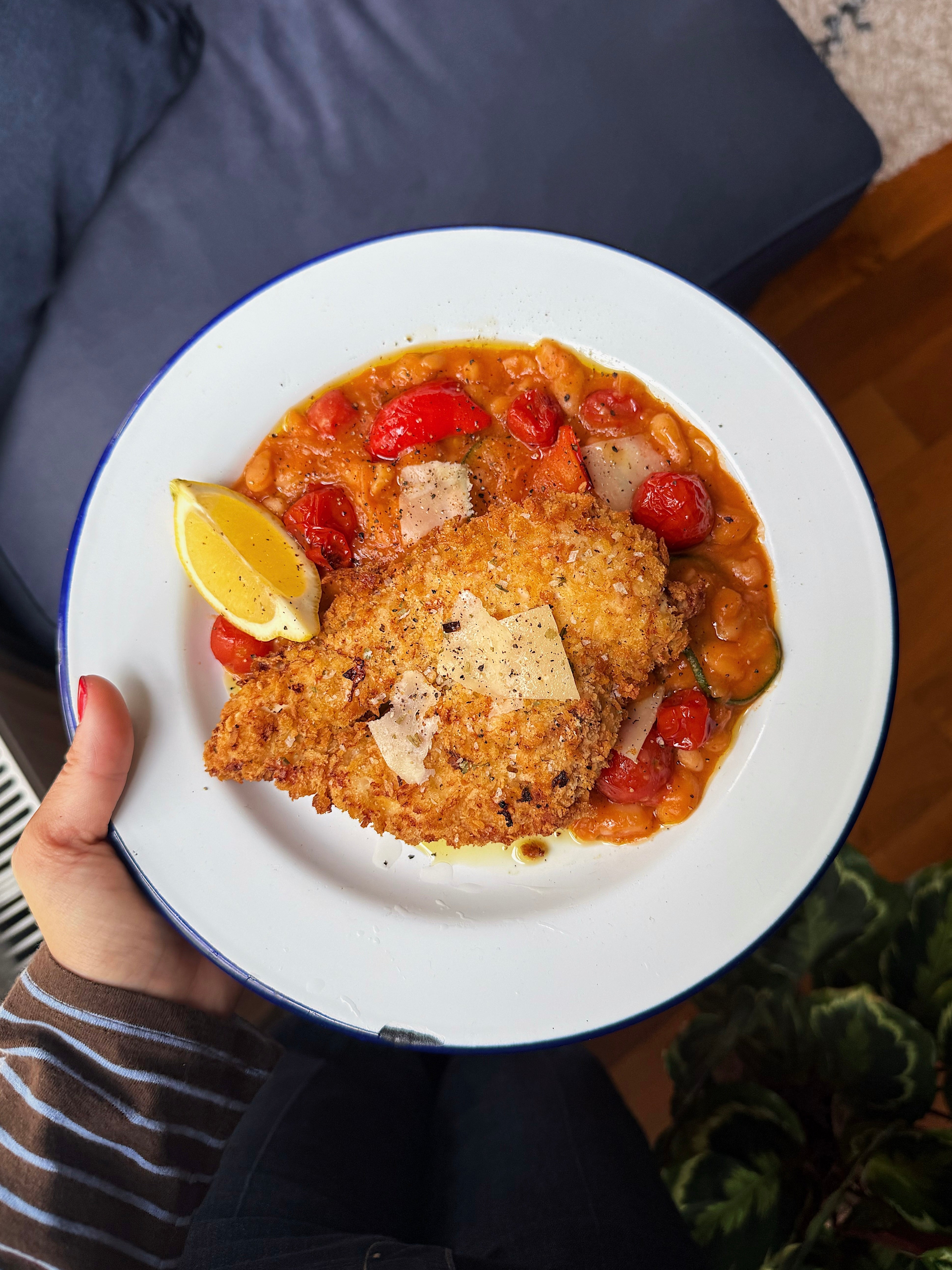 Tomatoey Butter Beans with Chicken Schnitzel