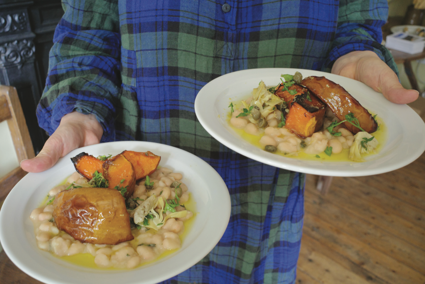 Roast Pumpkin + Braised Beans with Artichoke-Caper Dressing