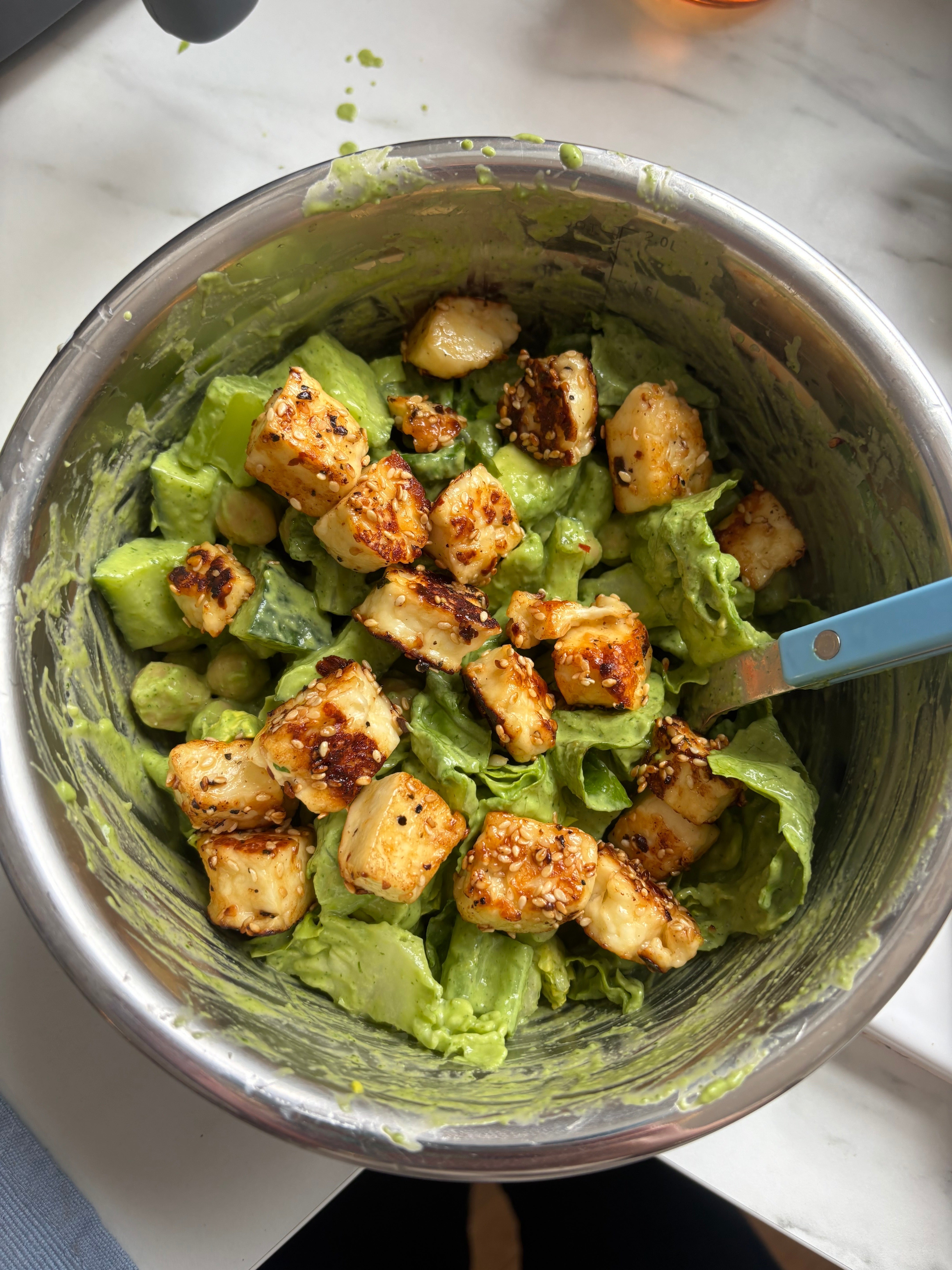 Green Goddess Chickpea Salad with Hot Honey Halloumi