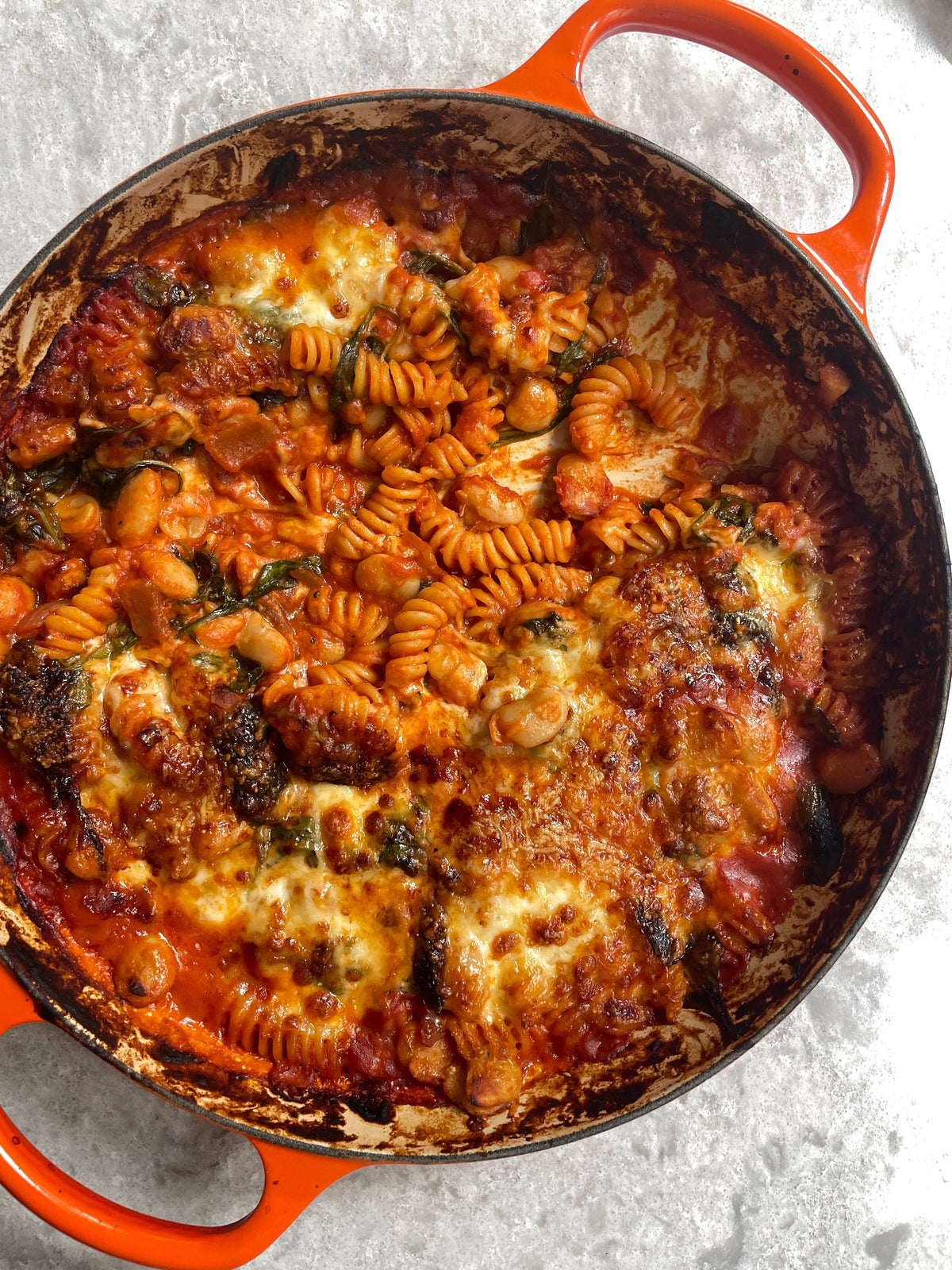  Cheesy Butter Bean, Tomato + Garlic Pasta Bake 