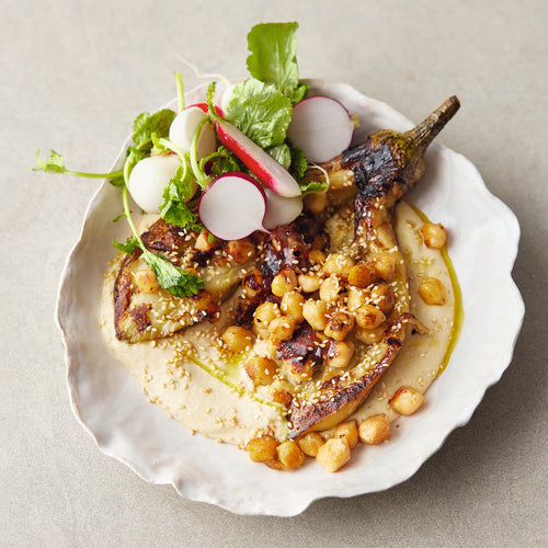  bean_recipe_smoky_tender_aubergine_silken_hoummous_crispy_chickpeas_radishes_lemons_by_Jamie_Oliver_organic_chickpeas_boldbeanco_uk 