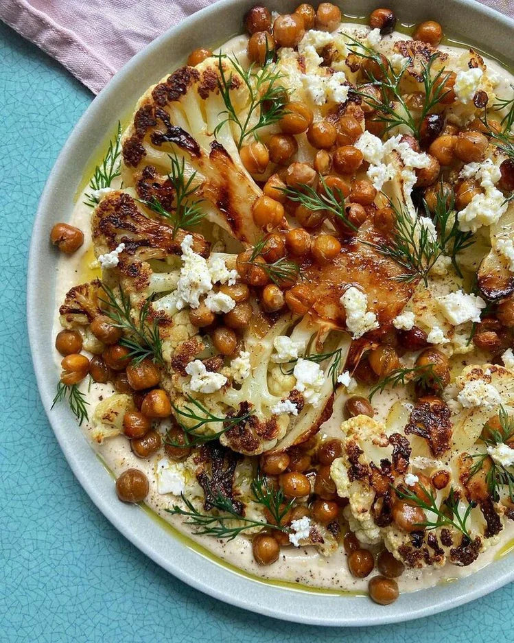 beans_recipe_roasted cauliflower steaks_crispy chickpeas_tahini yoghurt
