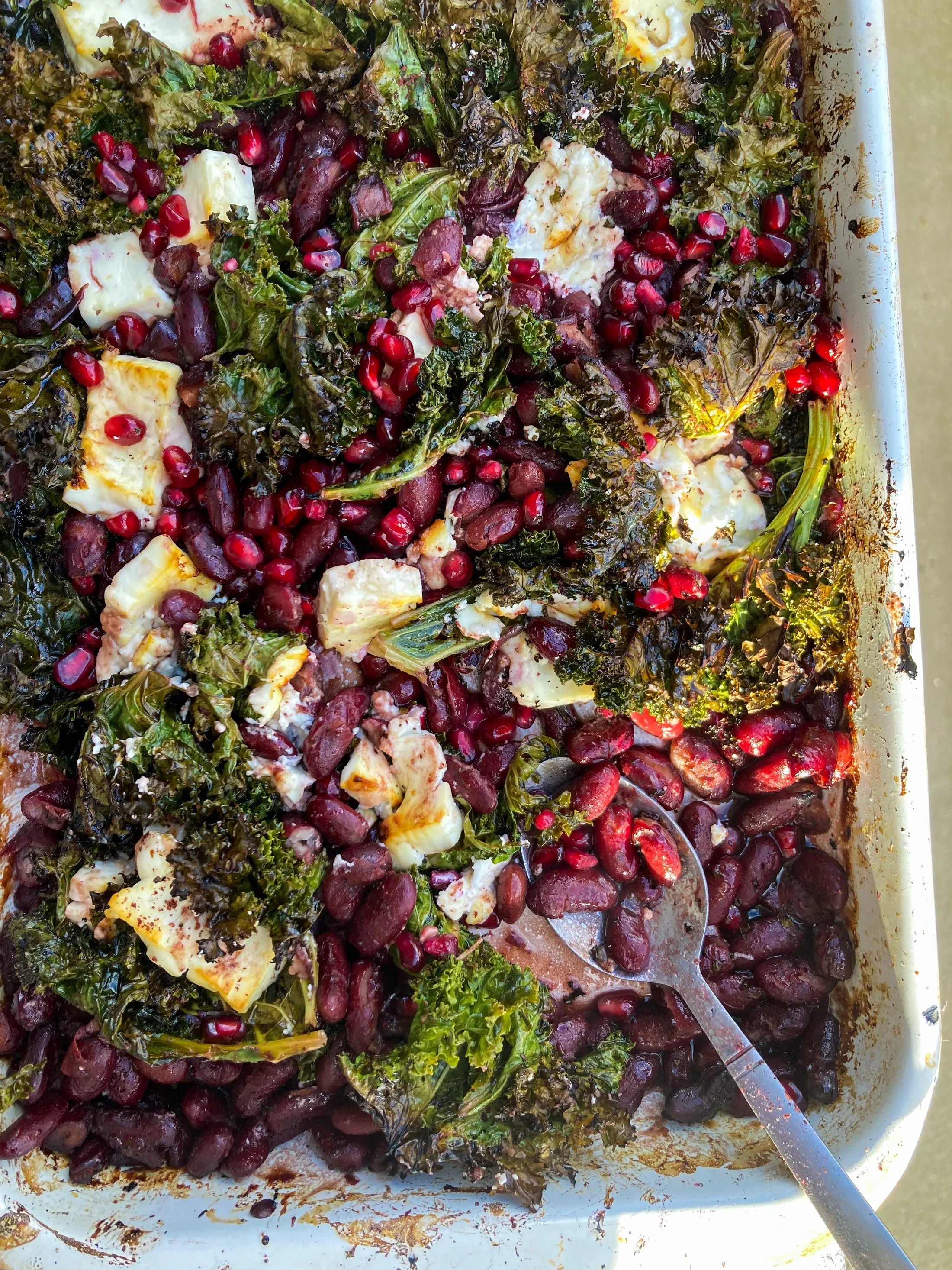 beans_recipe_red kidney beans_bold bean co_queen red beans_kale_pomegranate molasses_belazu_pulses_feta_traybake_winter salad_one pan recipe