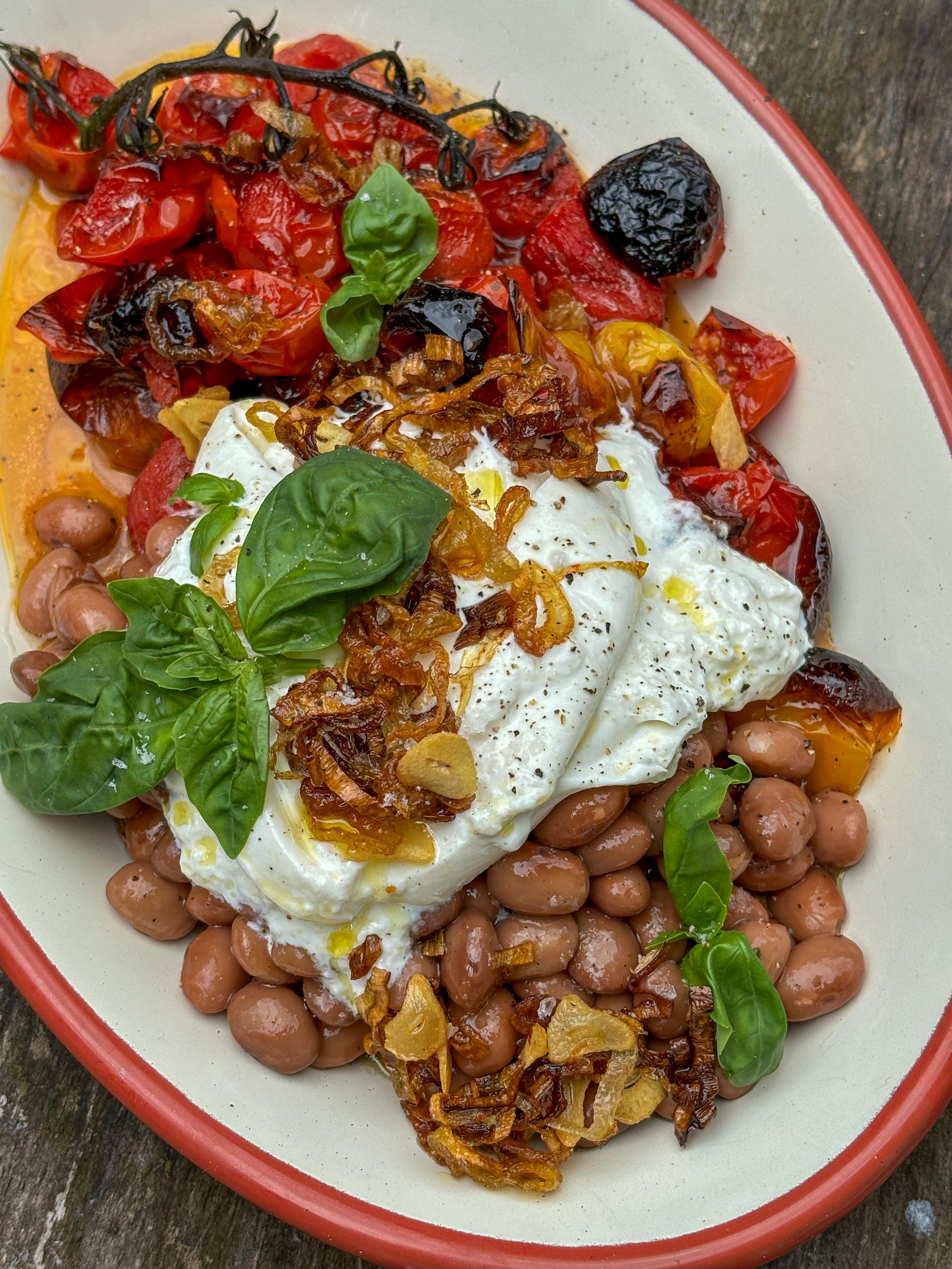 grilled-tomatoes-burrata-borlotti-bans-crispy-shallot-garlic-oil-boldbeanco-beans-nina-parkr