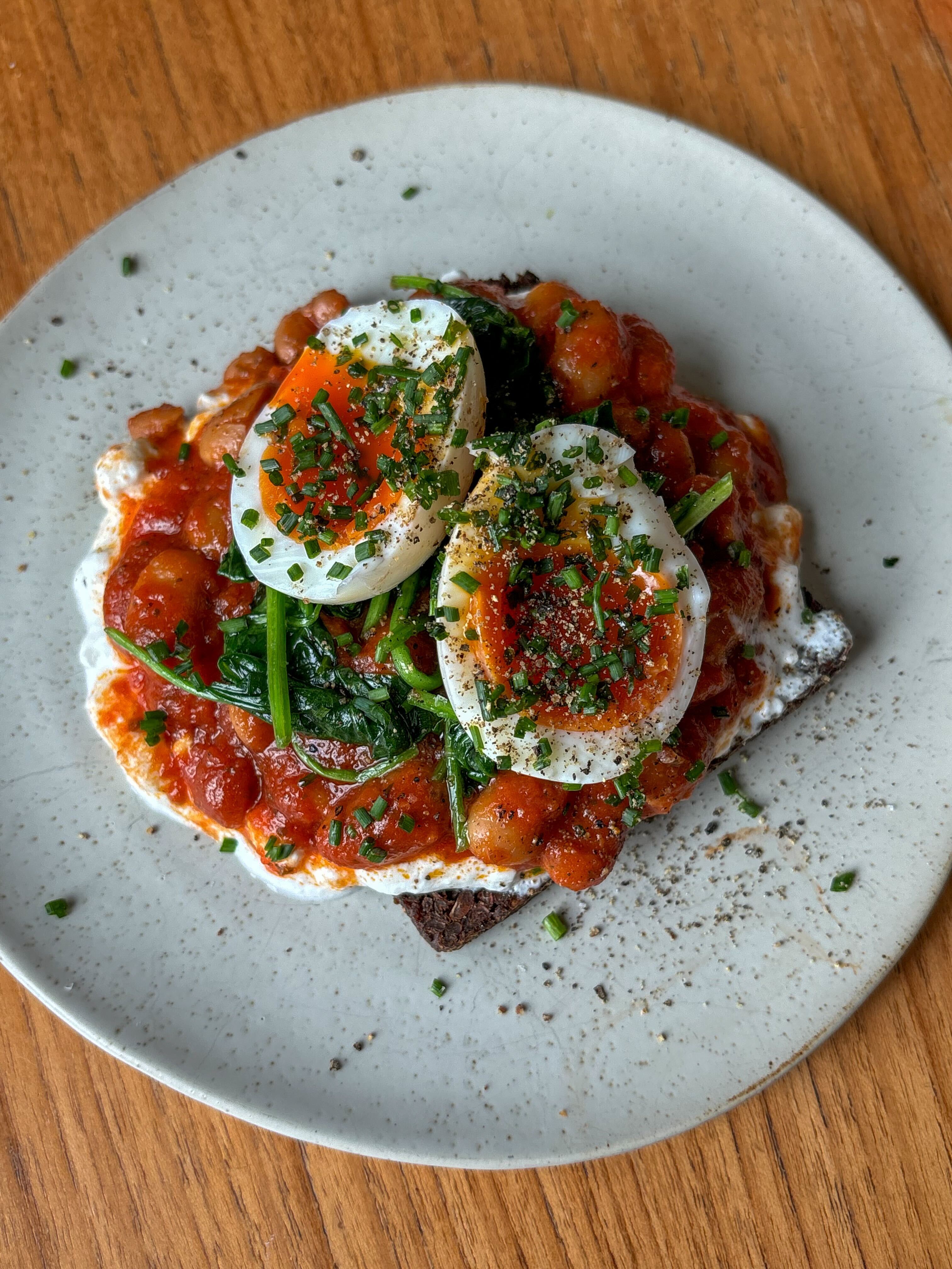 Baked Beans Cottage Cheese + Jammy Eggs on Rye Bread