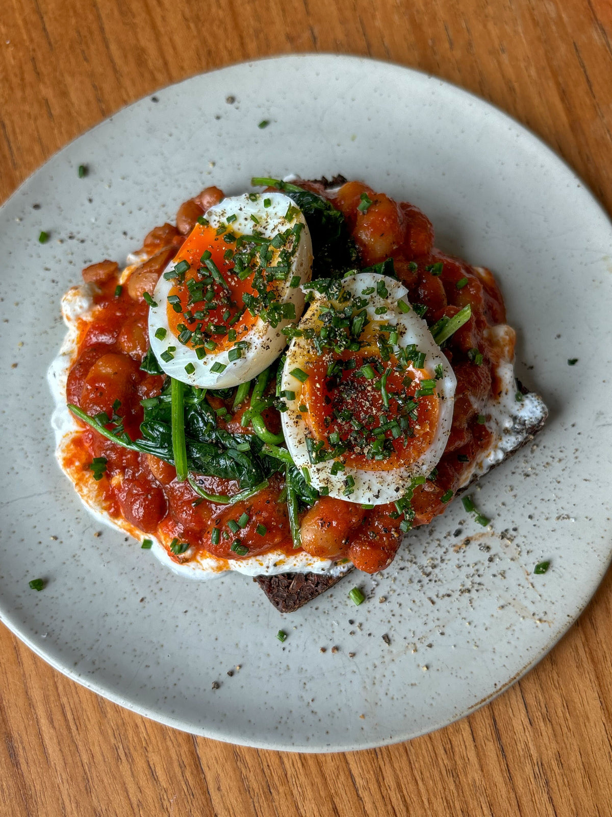  Baked Beans Cottage Cheese + Jammy Eggs on Rye Bread 
