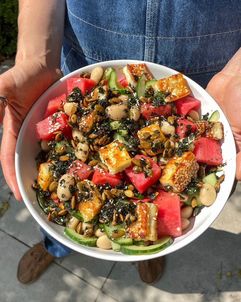 bean-recipe-sizzling-sesame-halloumi-watermelon-butter-bean-salad-boldbeanco