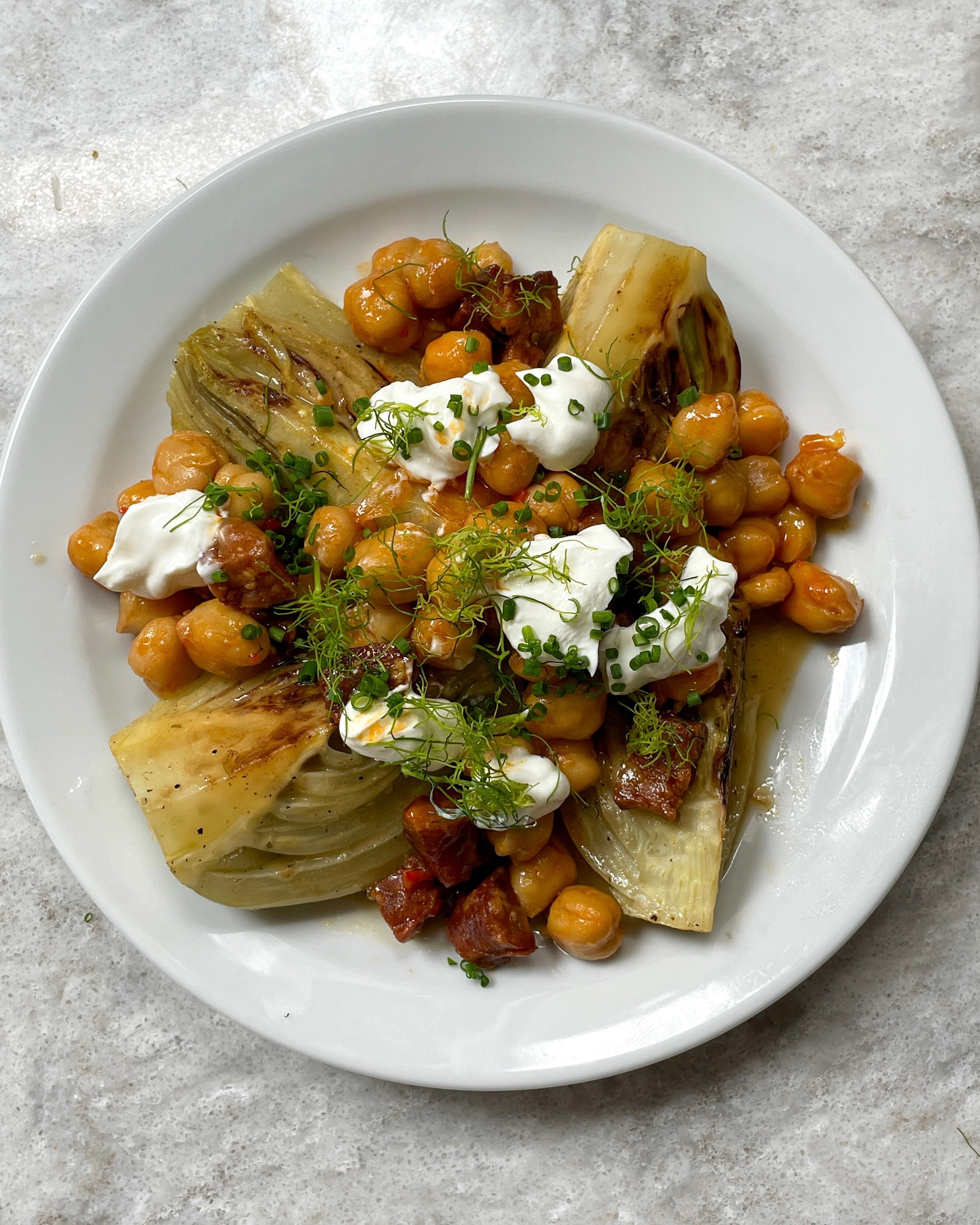Braised Fennel with Spicy Chickpeas + Goat's Curd