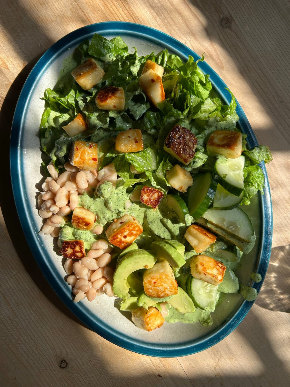 Honey-Glazed Halloumi + White Bean Salad with Creamy Herb Dressing