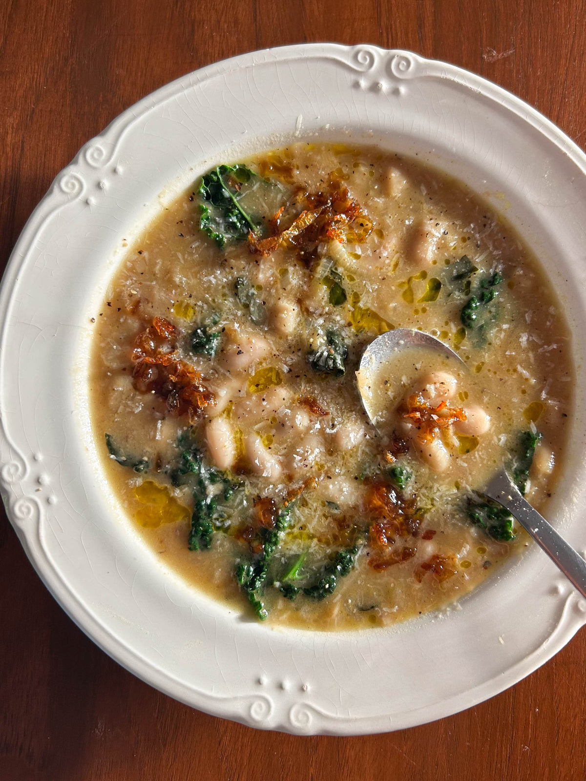  Brothy Beans + Greens with Sticky Shallots 
