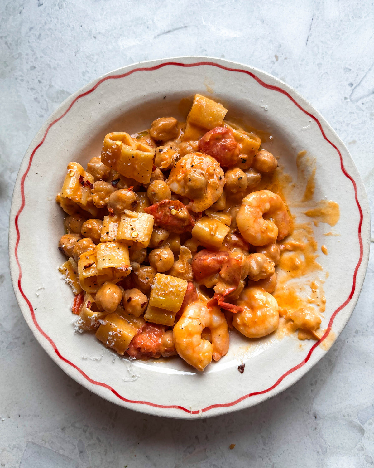 Creamy Tomato, Prawn + Chickpea Pasta