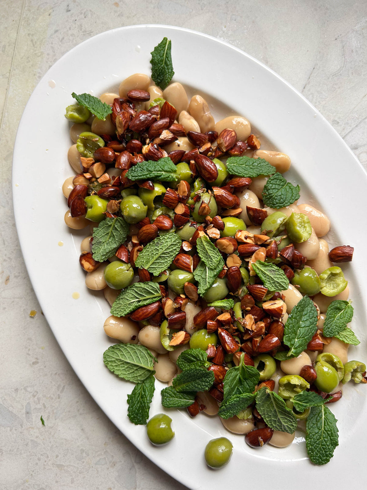 Butter Bean Salad with Torn Green Olives, Almonds + Chilli