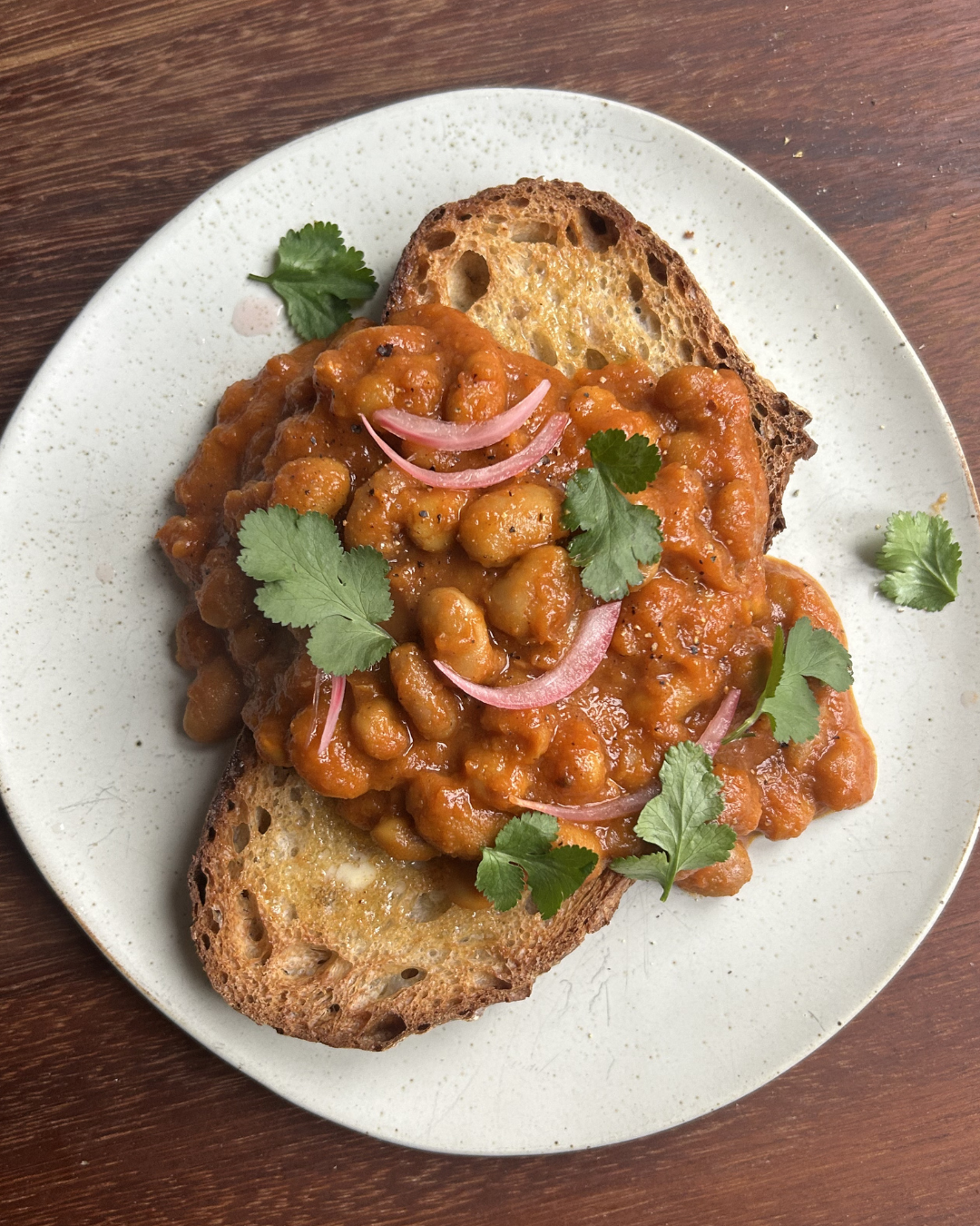  Masala Baked Beans with Pickled Red Onion + Fresh Coriander 