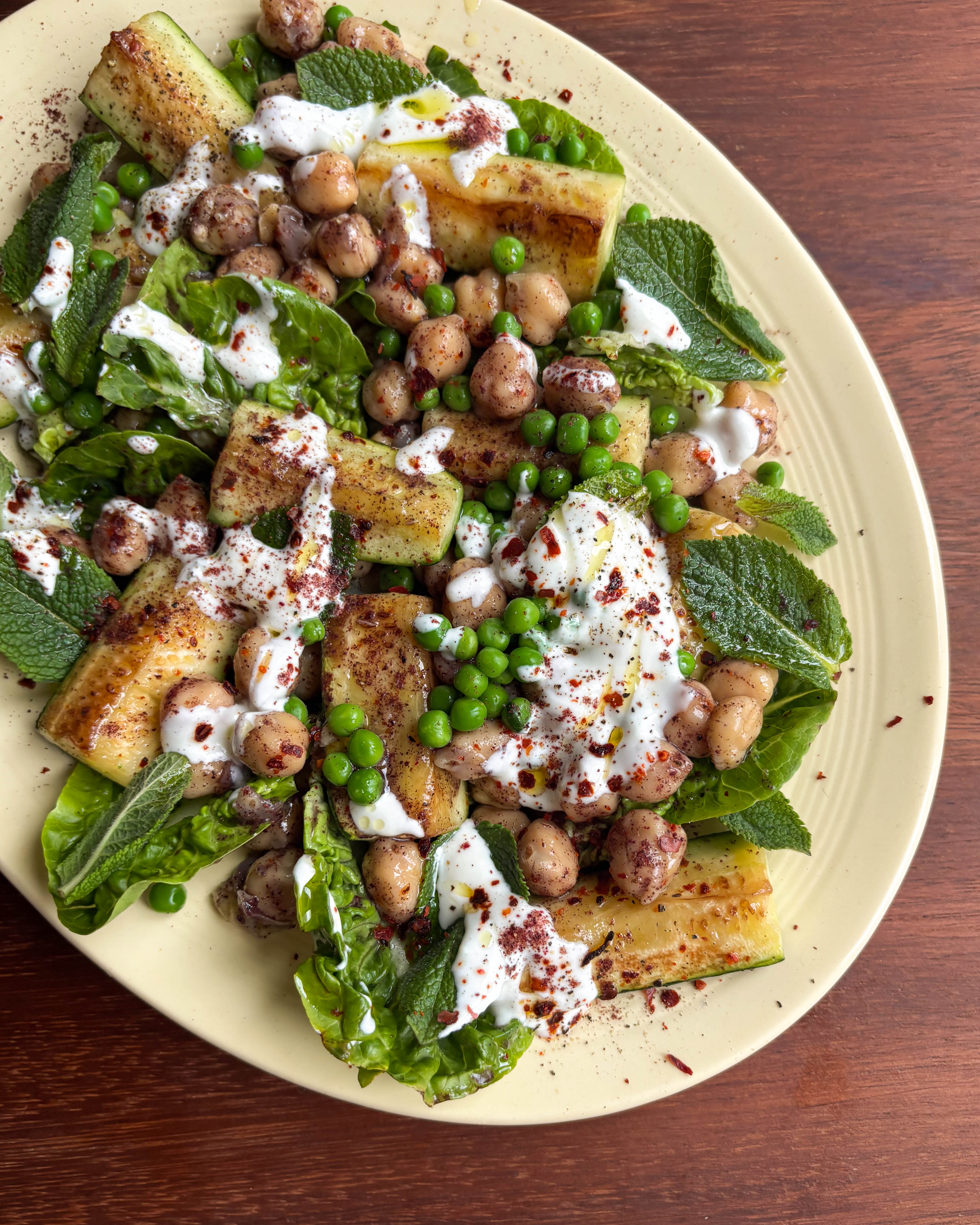 Charred Courgette + Sumac Chickpea Salad with Garlicky Lemon Yoghurt