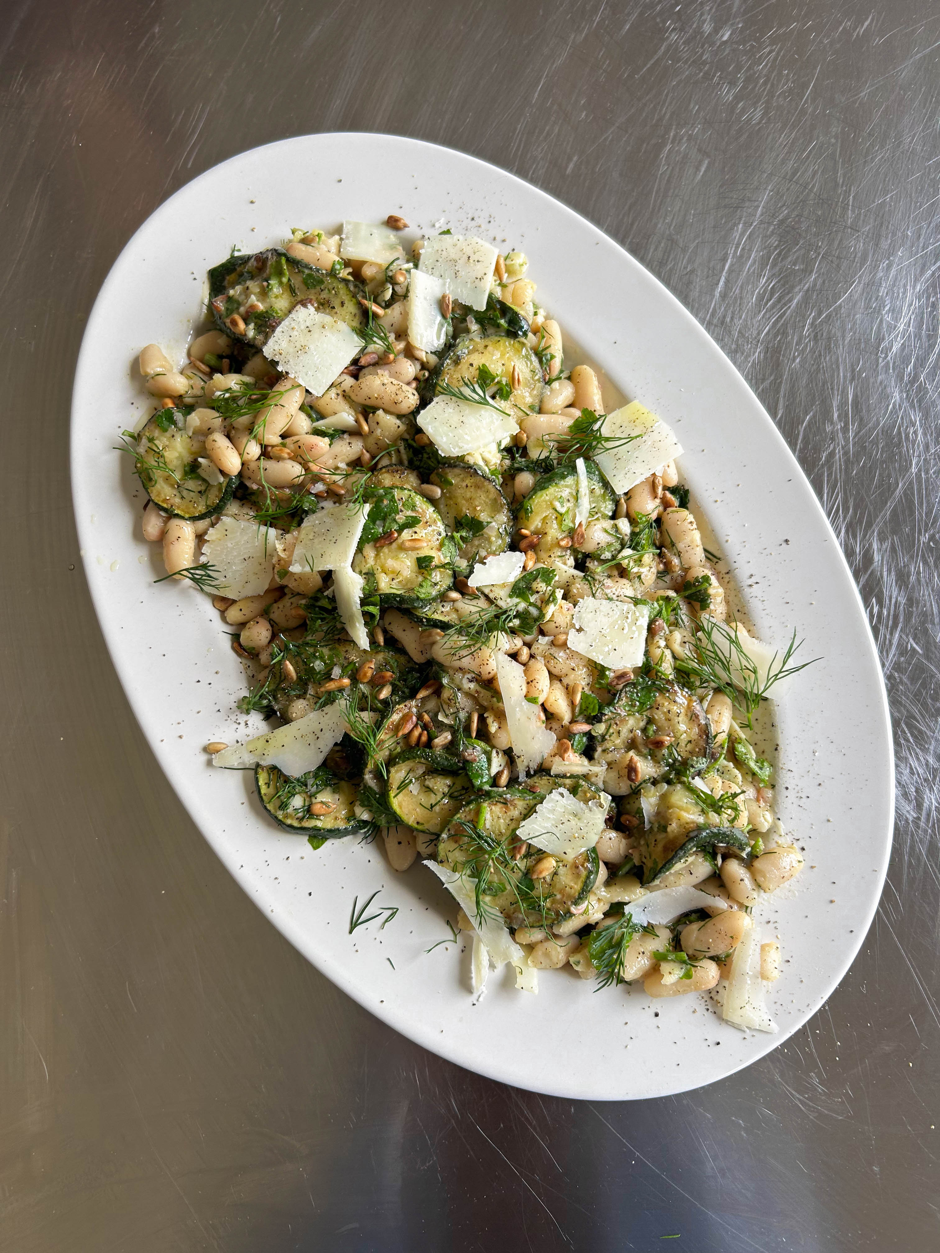 Mustardy Chargrilled Courgette, White Bean + Pecorino Salad