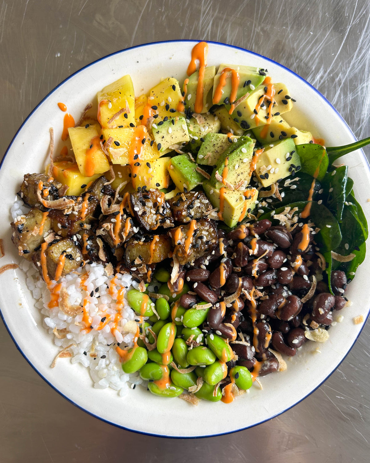 Miso Black Bean + Sticky Rice Poke Bowl with Miso Glazed Aubergine