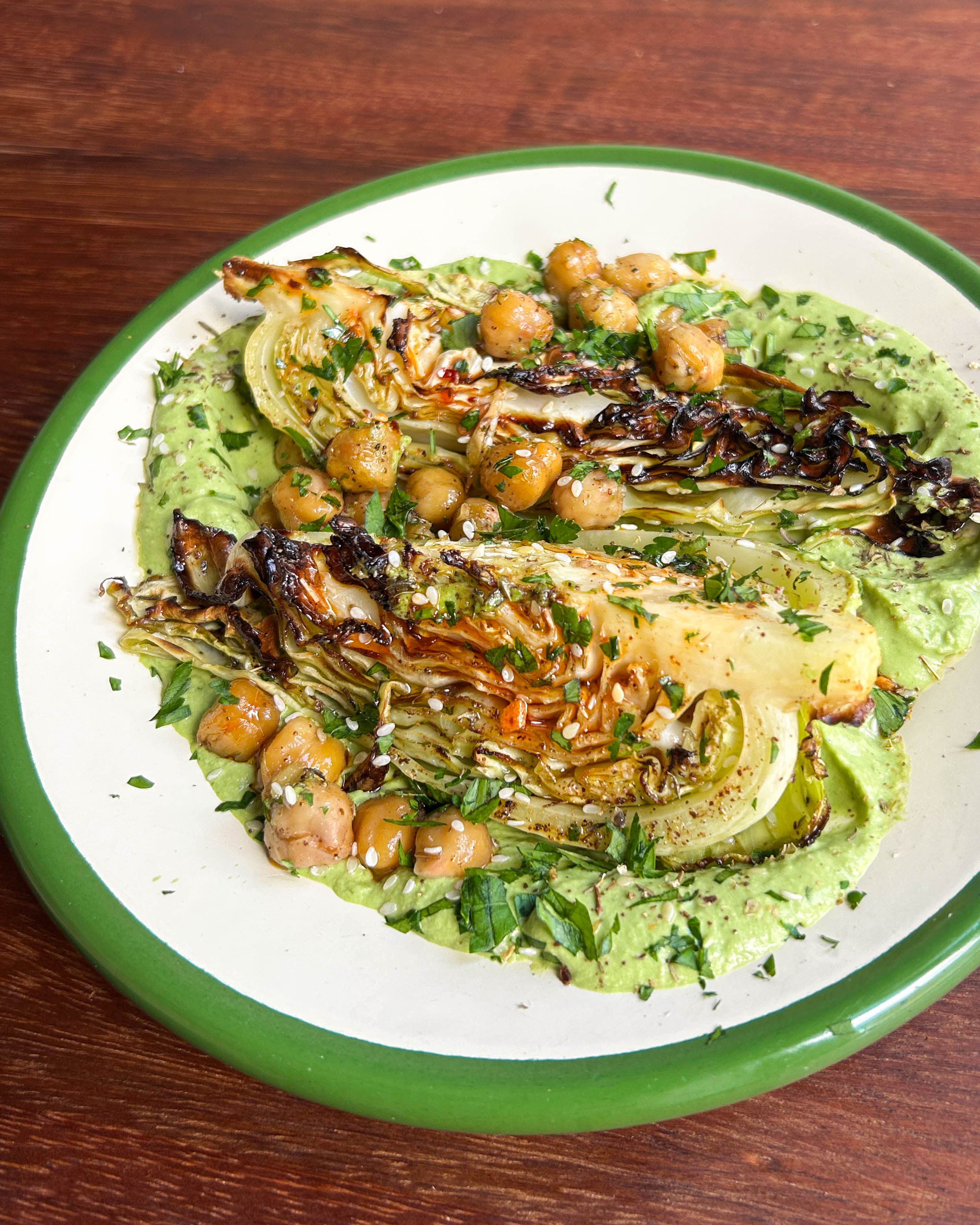 Roasted Aubergine, Hispi Cabbage + Za'atar Chickpeas + Spicy Aubergine Tahini Sauce