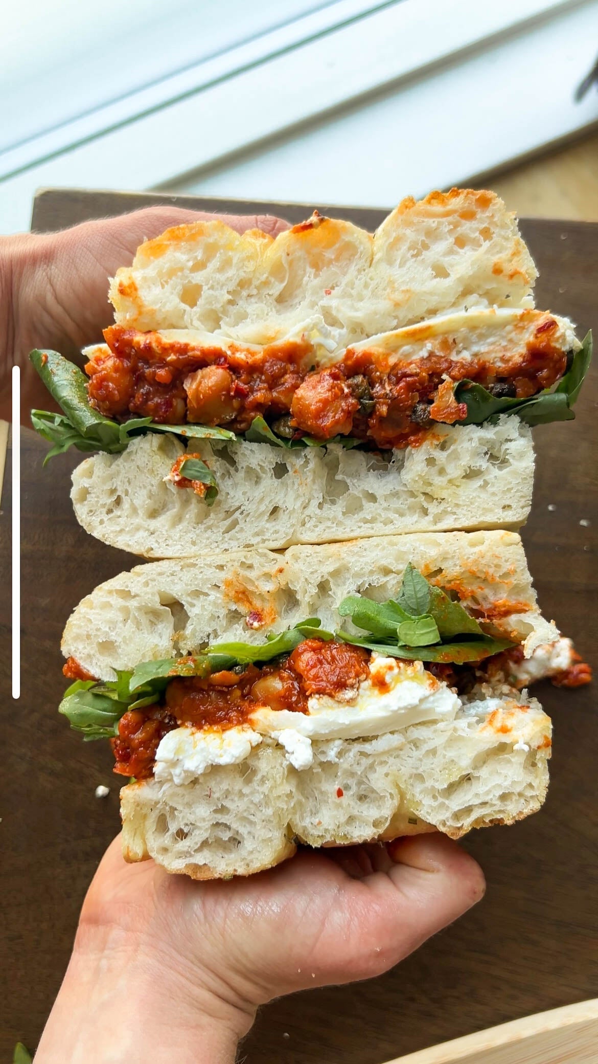 Smashed Nudja Chickpea + Stracciatella Sandwich with Crispy Capers