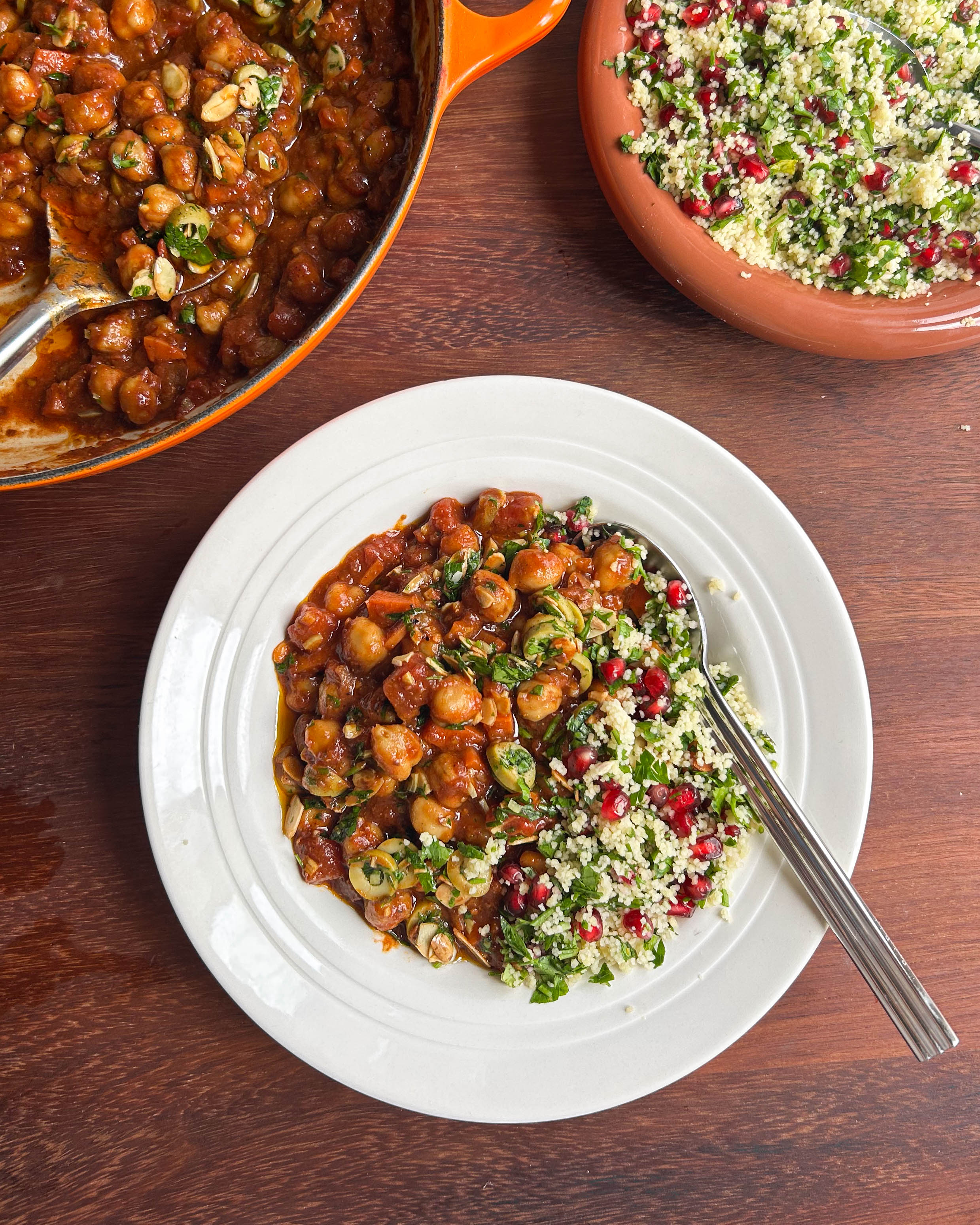 Moroccan-Inspired Chickpea Tagine with Herby Bulgur Wheat and Lemon + Olive Salsa