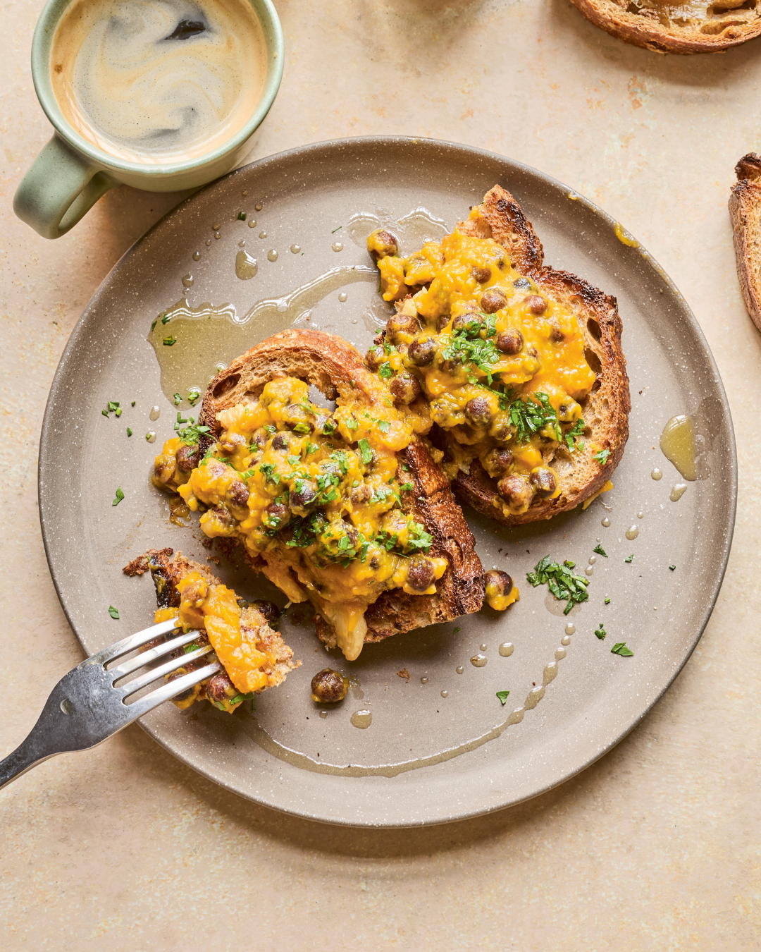  Carlin Peas Toast with Roast Squash Purée + Confit Garlic 