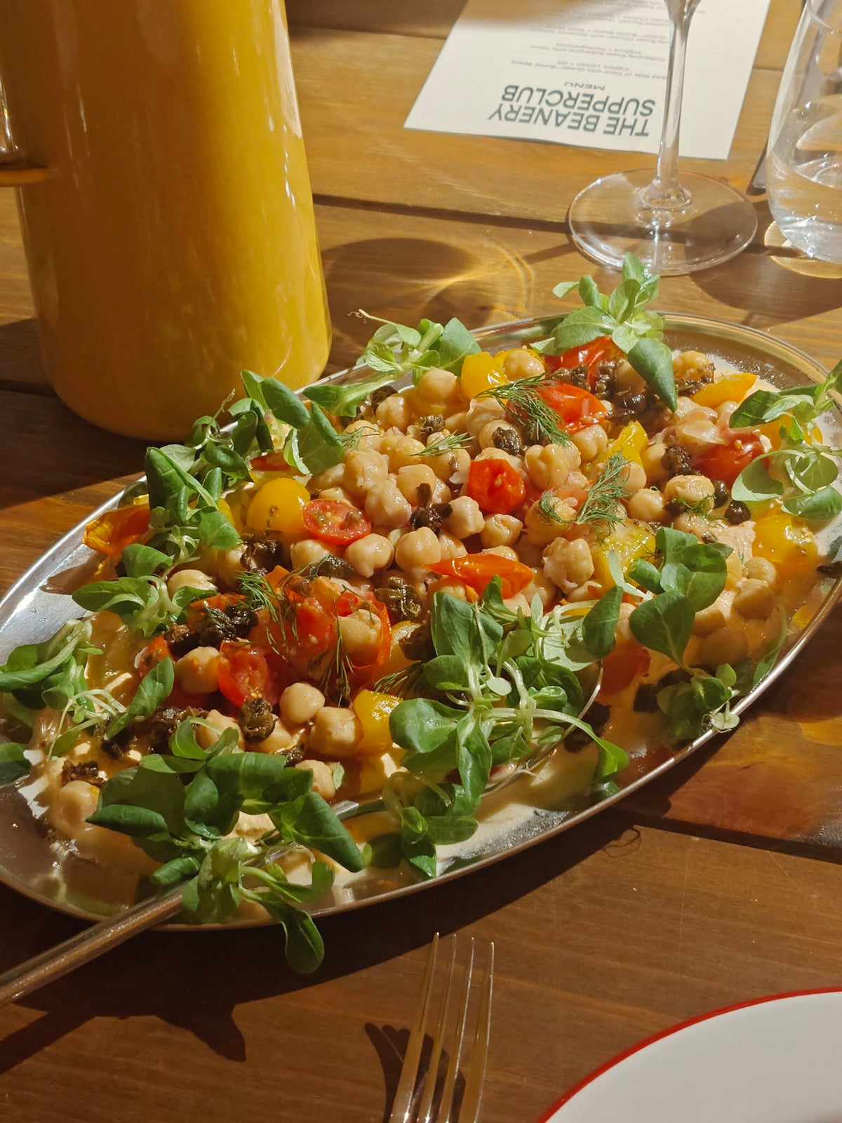 Blistered Tomato + Chickpea Salad with Harissa Yoghurt + Crispy Capers