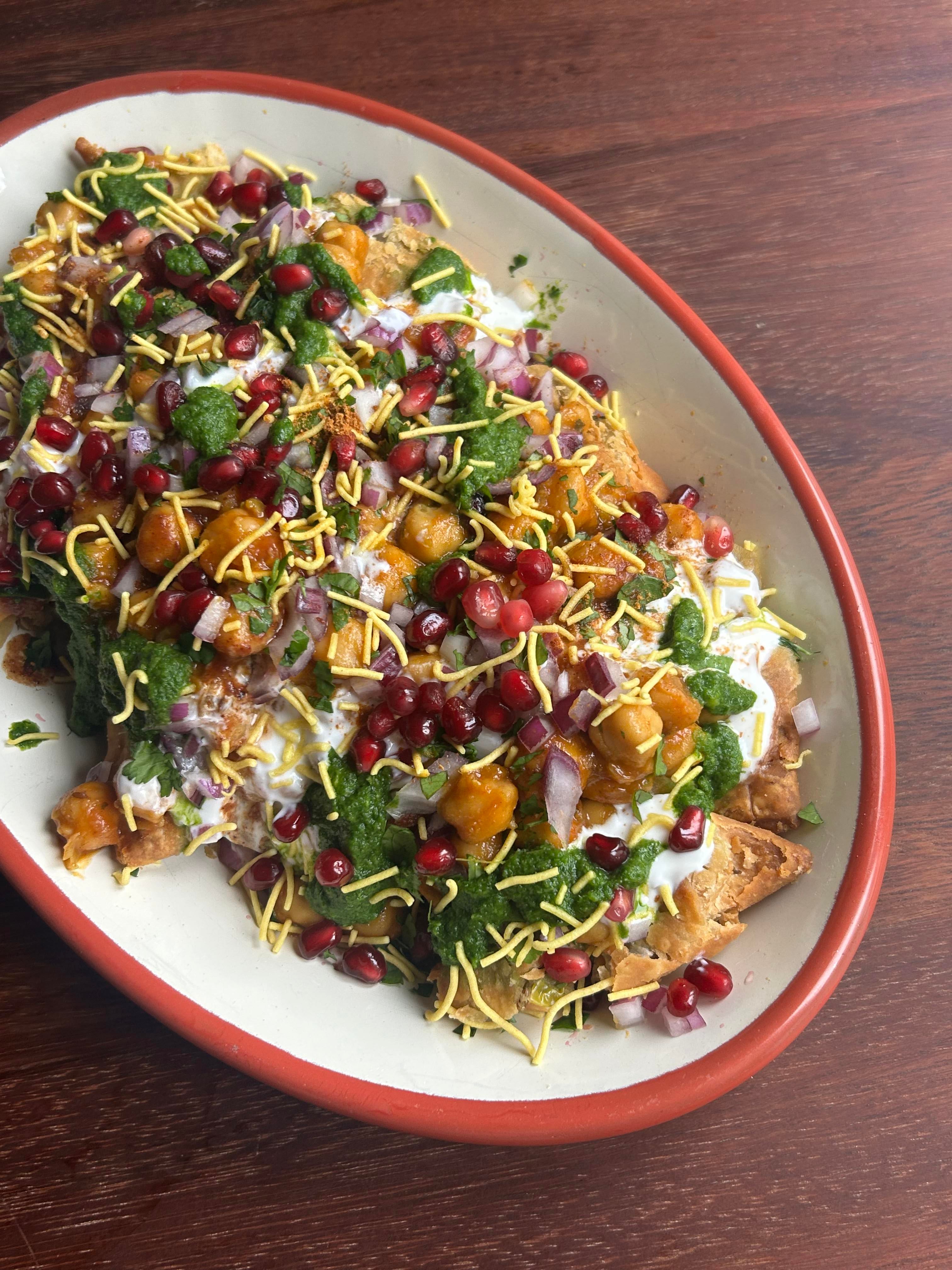 Crispy Samosa Chaat with Punchy Chickpeas + Zingy Green Chutney
