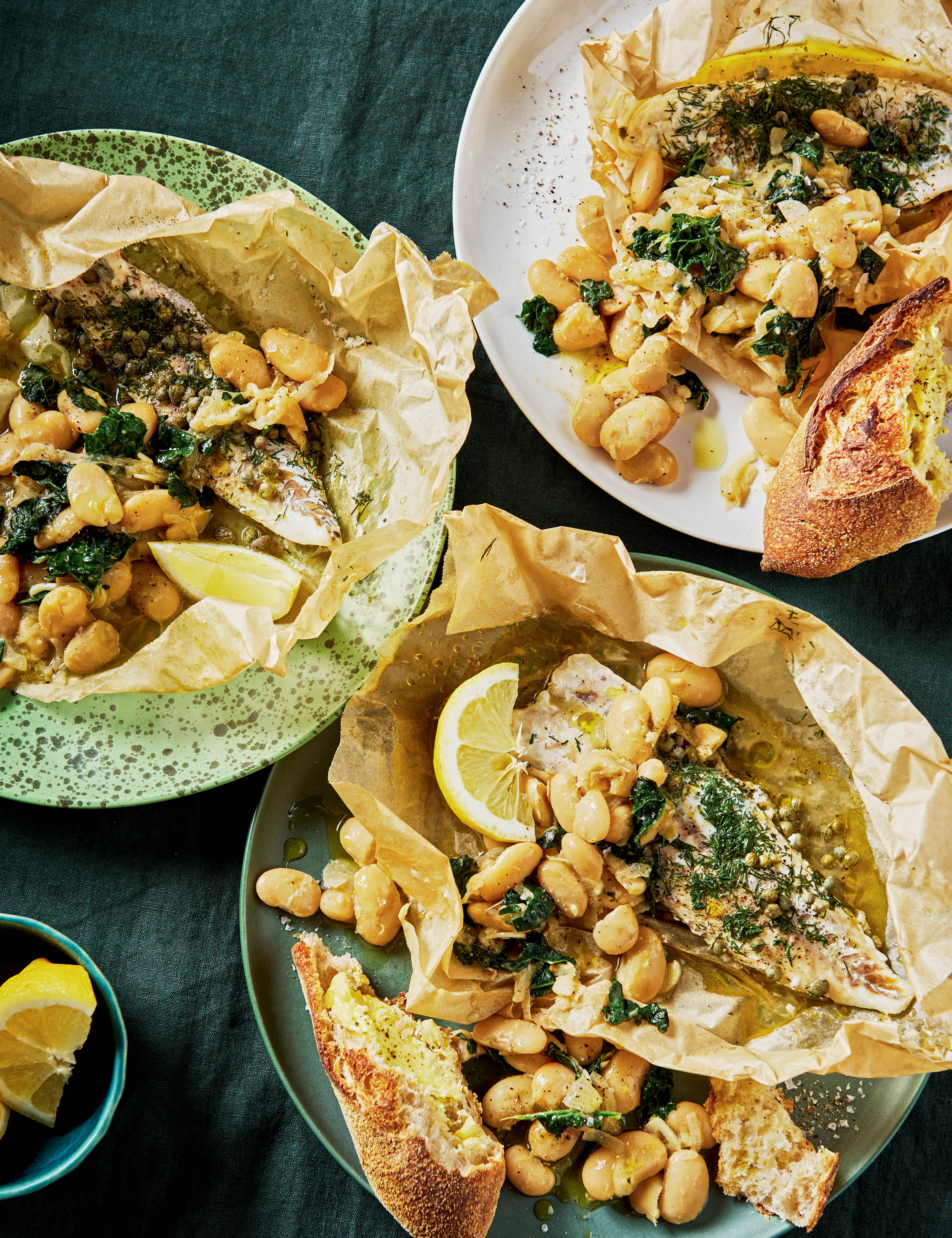 Lemony Cavolo Nero Butter Beans + Capered Fish En Papillote