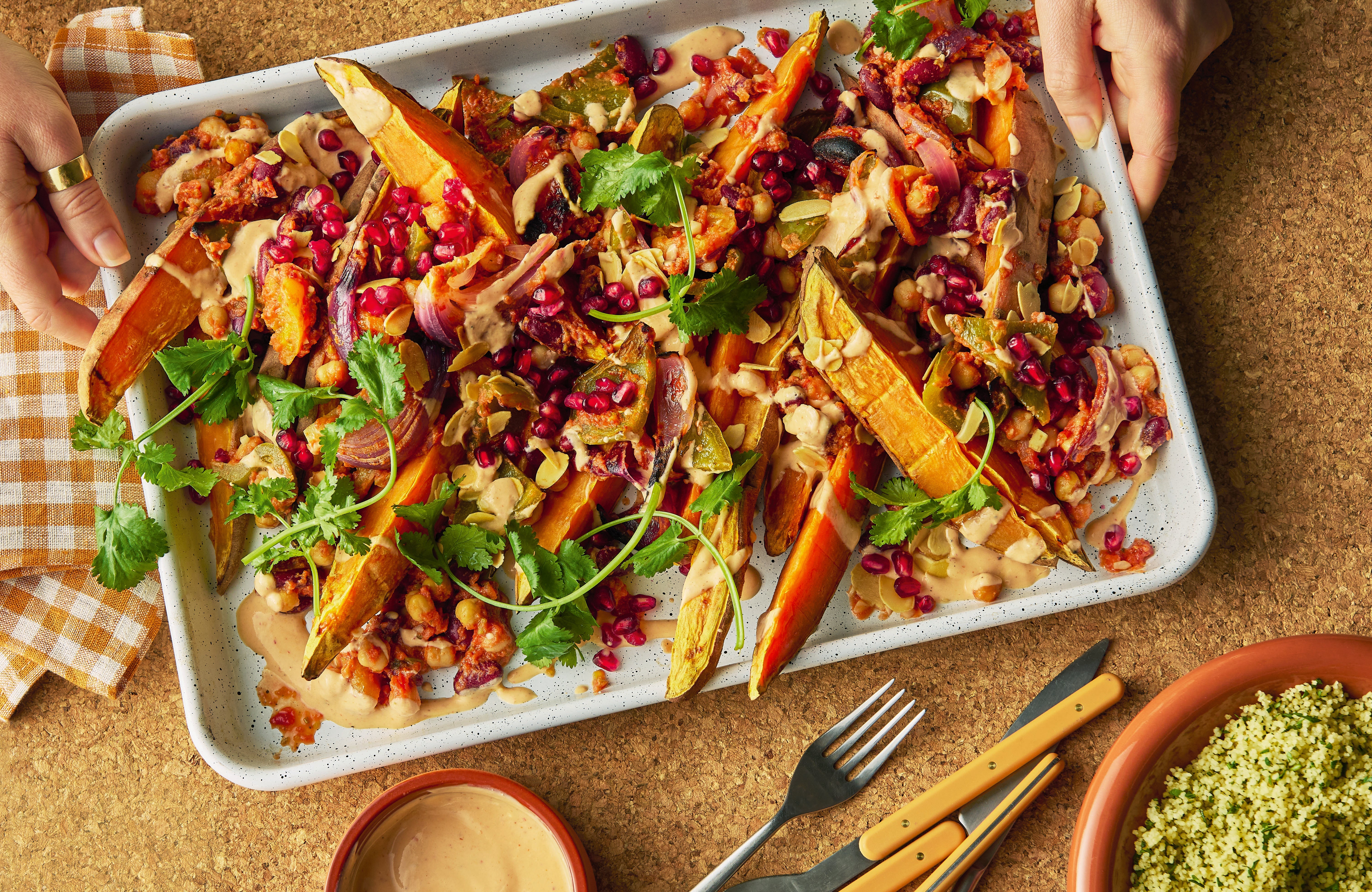 Tagine-Inspired Bean Traybake with Sweet Potato Wedges