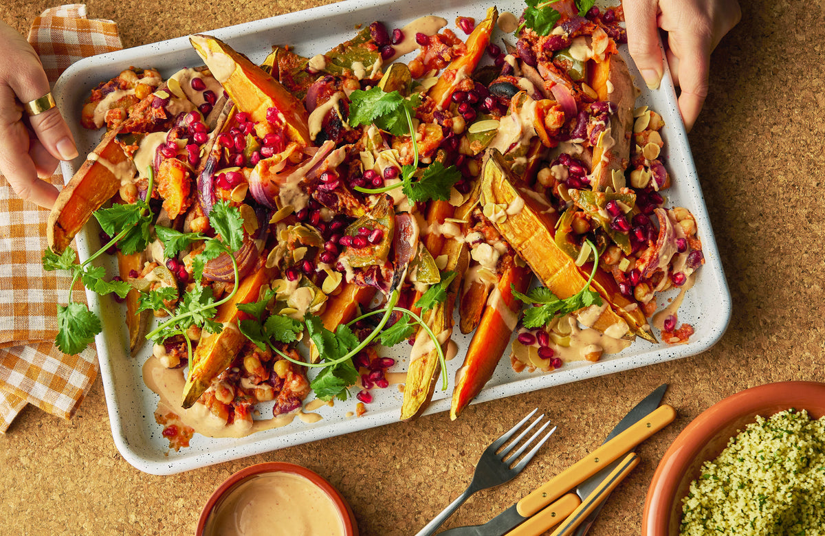  Tagine-Inspired Bean Traybake with Sweet Potato Wedges 