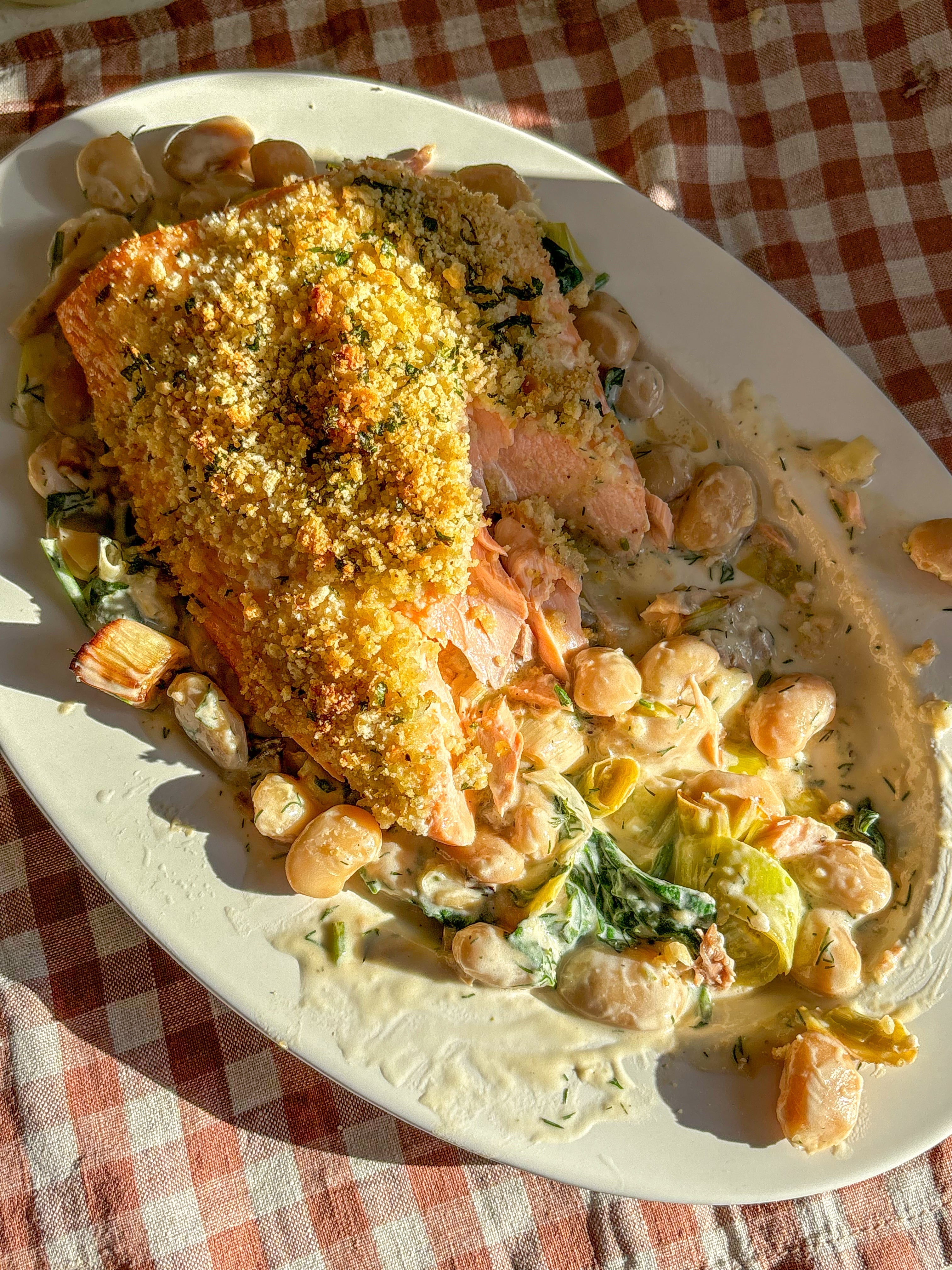 Lemon + Parsley Crusted Salmon with Creamy Leeks + Beans