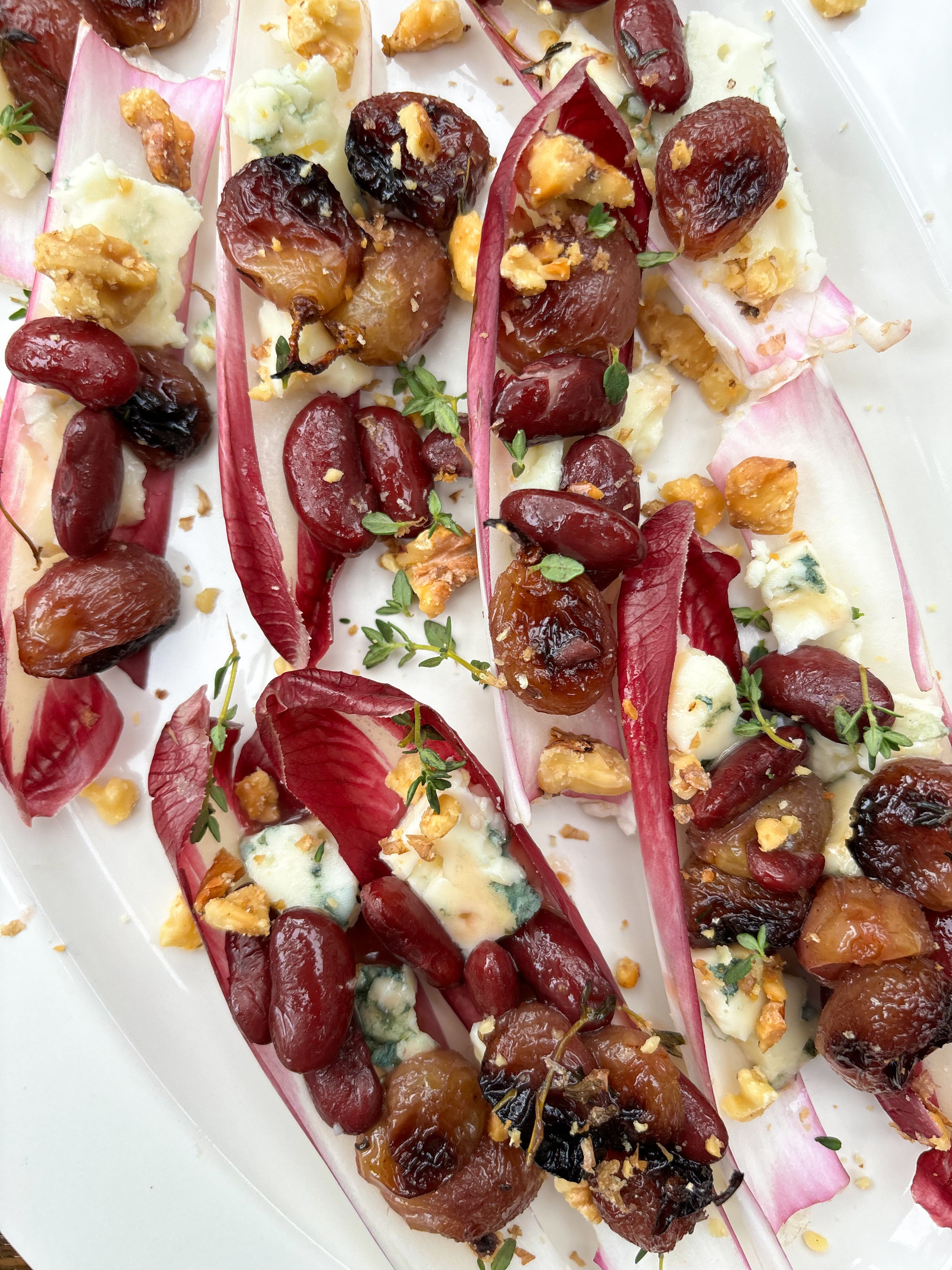 Roasted Grape + Red Bean Endive cups with Roquefort and Walnuts