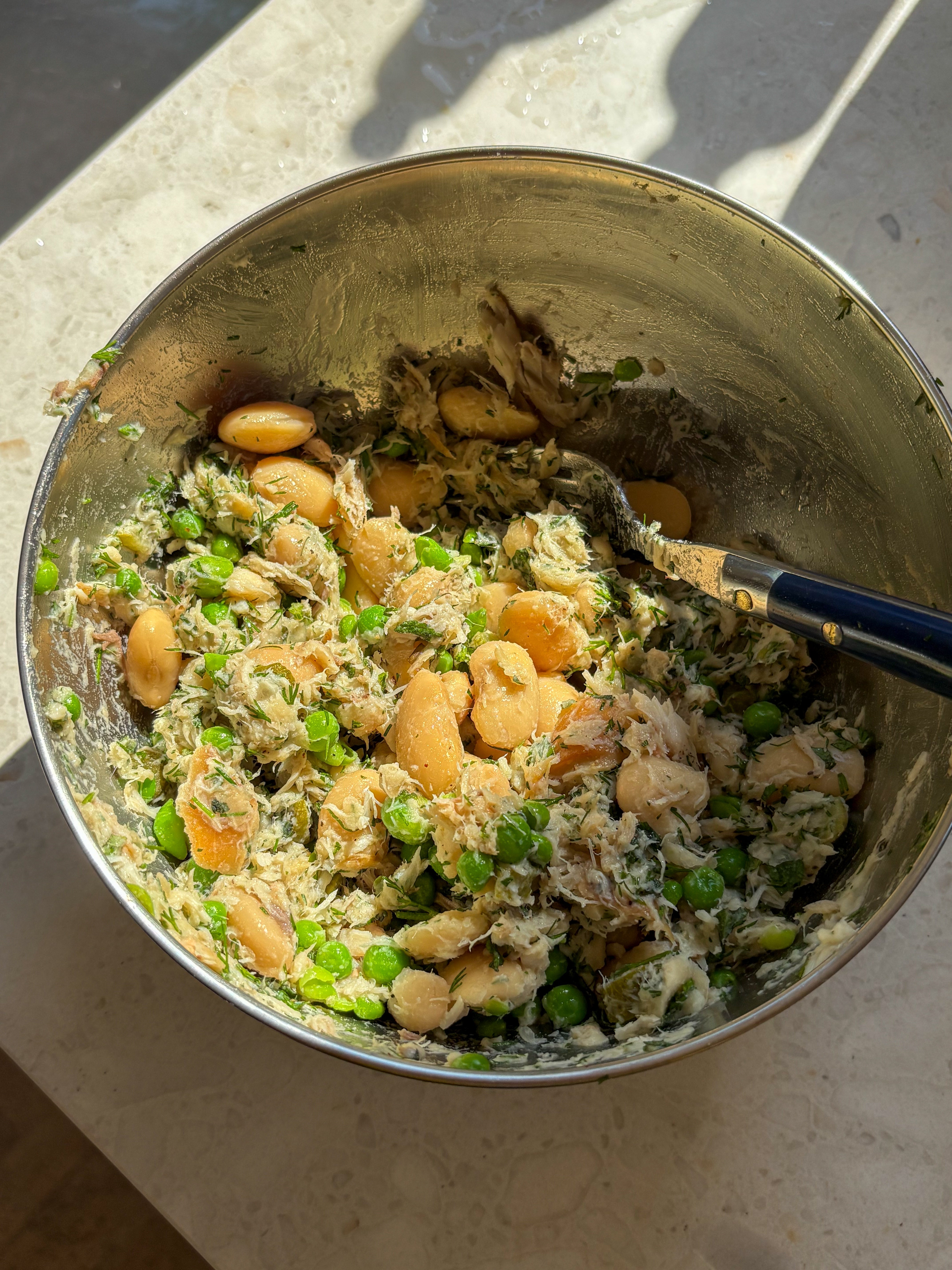 Mackerel, Pea + Butter Bean Smash
