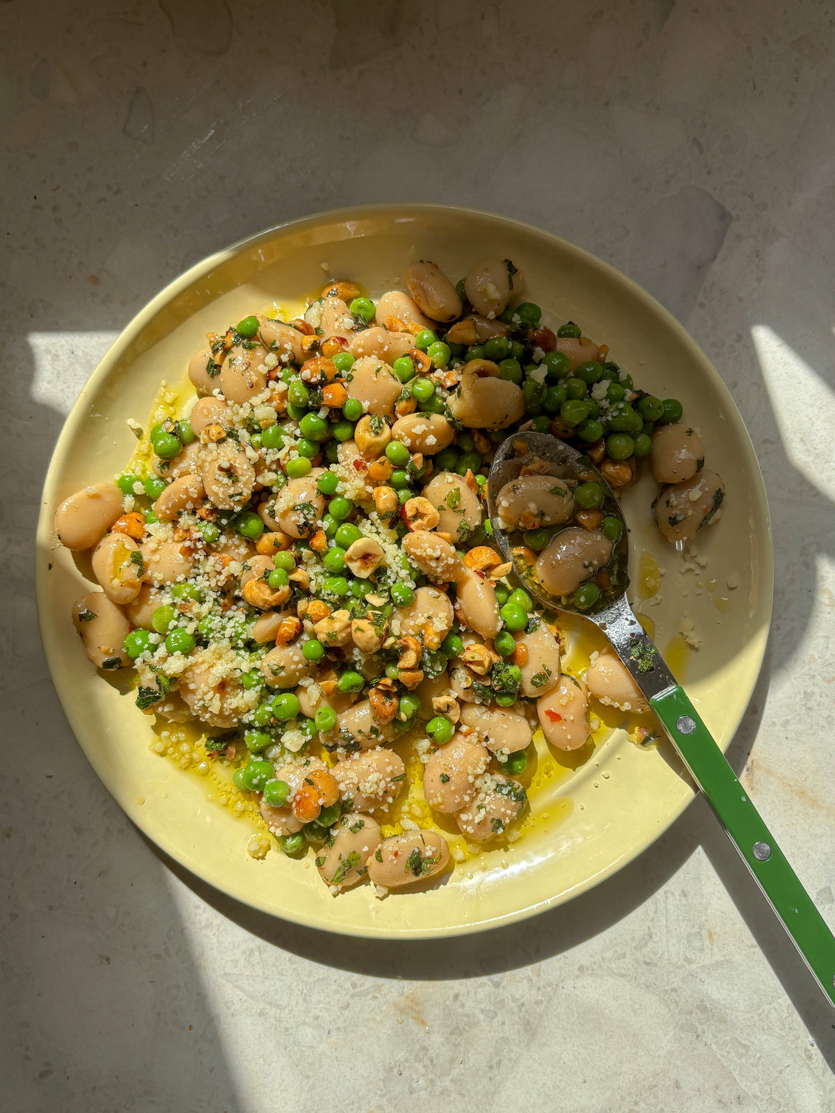  Lemony Peas + Butter Beans with Toasted Hazelnuts, Mint, Chilli + Parmesan 