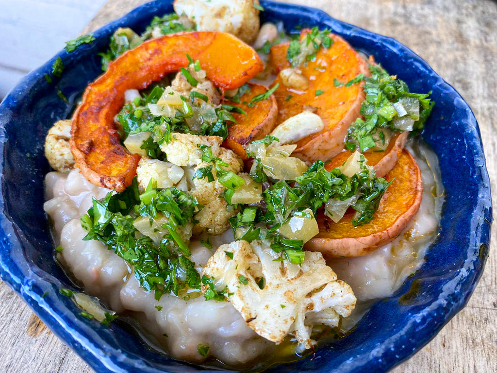 White Beans with Roasted Butternut Squash, Cauliflower + Parsley Dressing