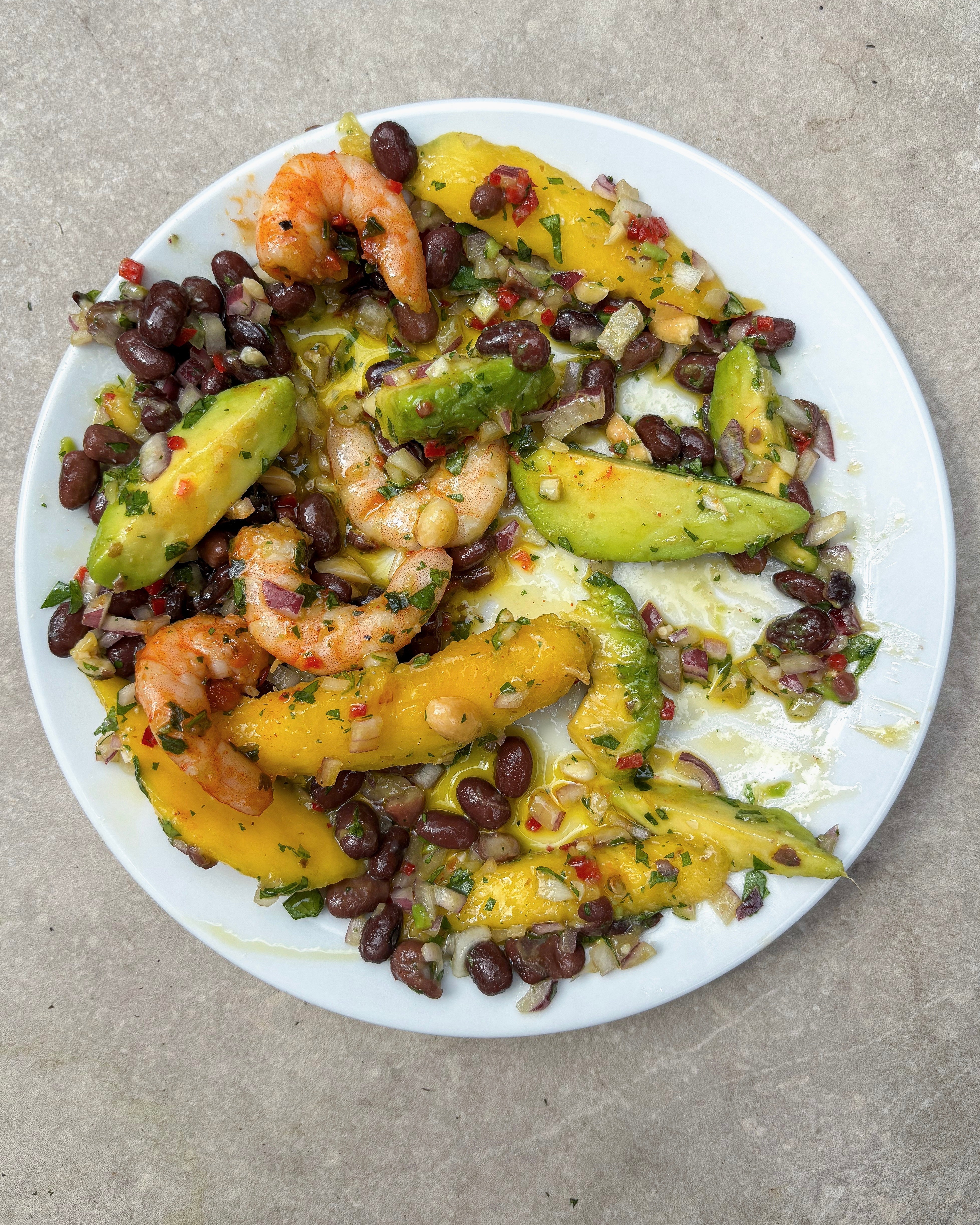 Black Bean, Avocado + Mango Salad with Chilli Prawns