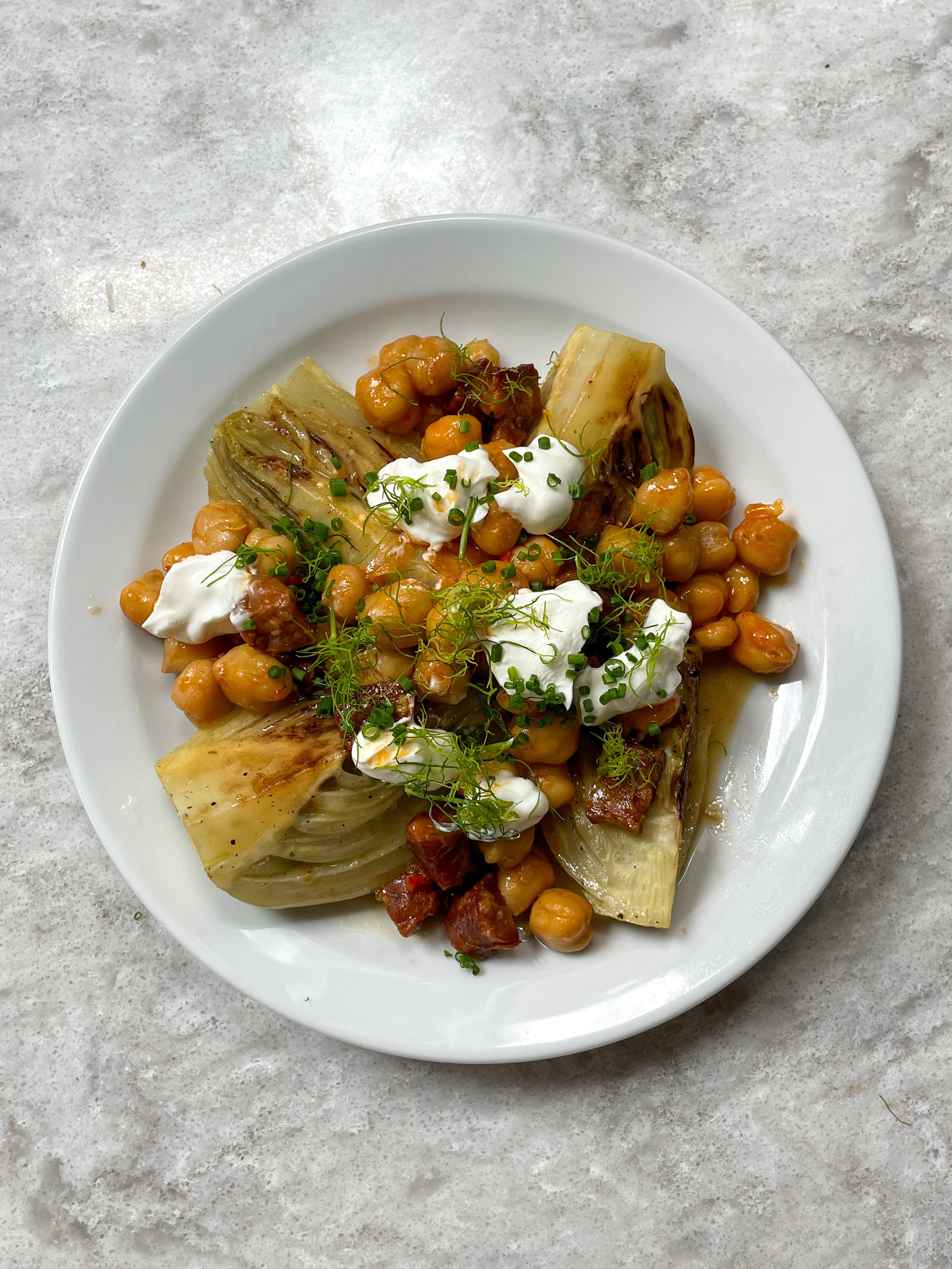 Braised Fennel with Spicy Chickpeas + Goat's Curd