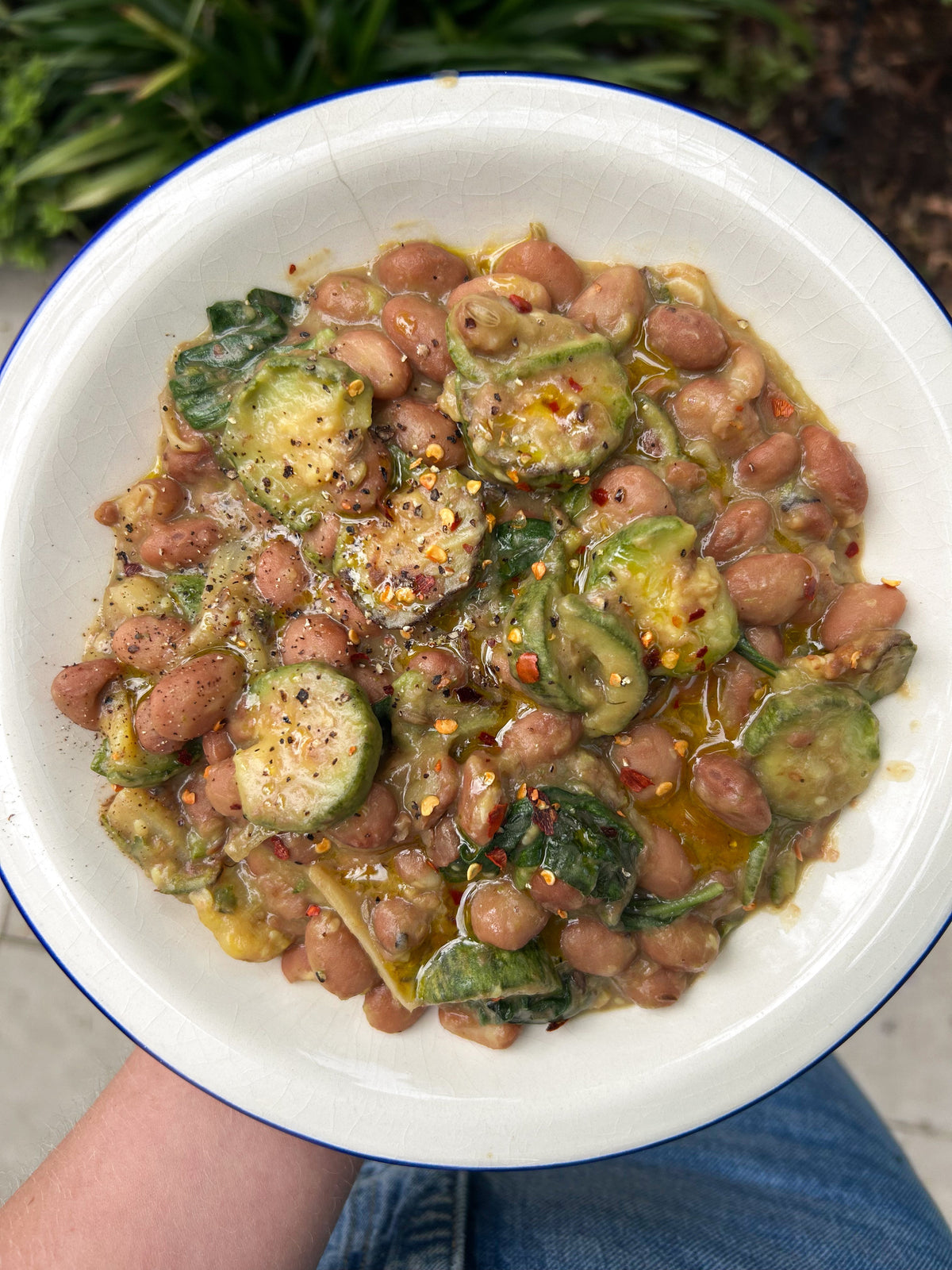  Braised Courgette, Fennel + Borlotti Beans with Garlic + Chilli 