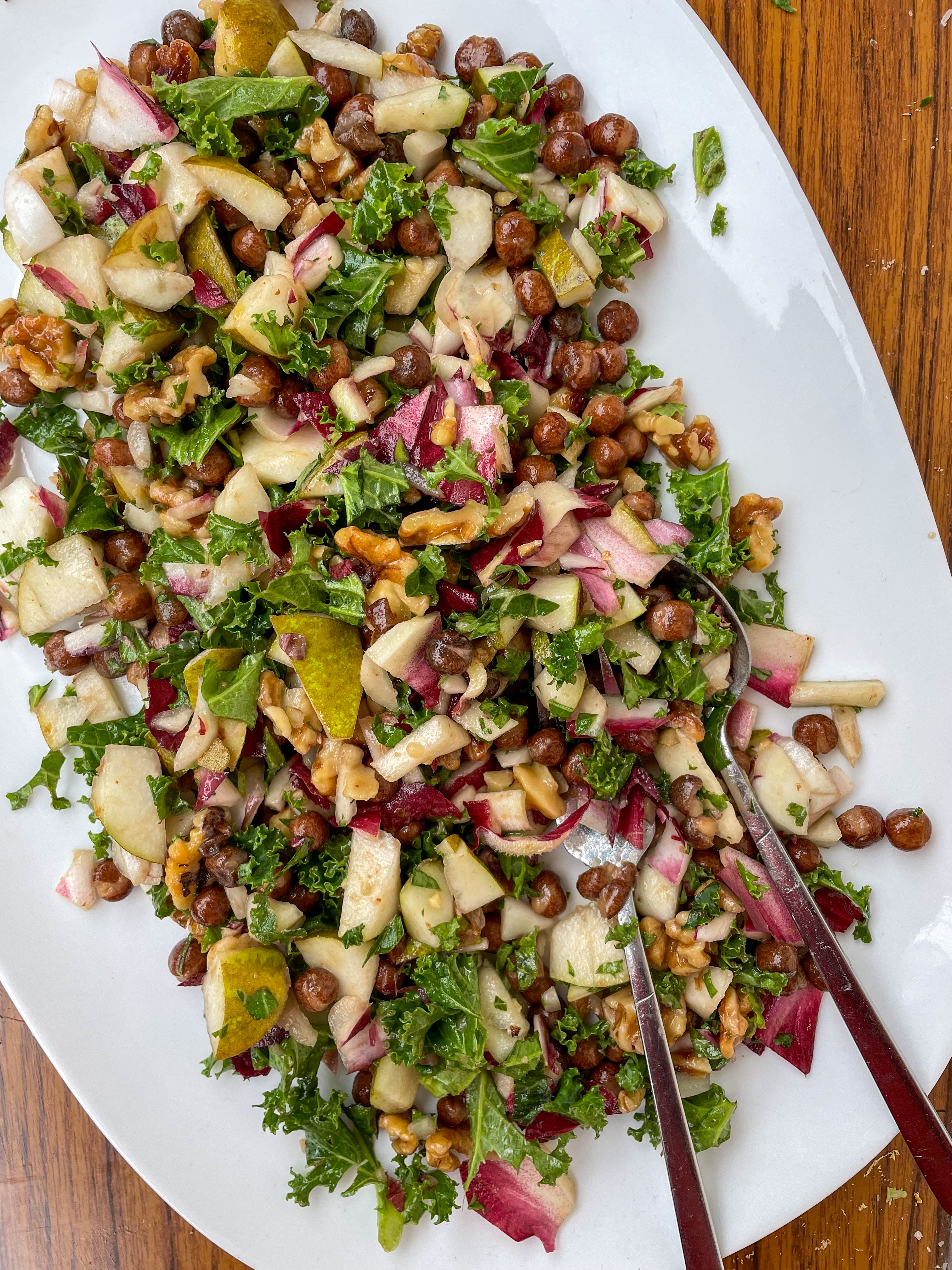 Kale, Pear + Carlin Pea Chopped Salad with Maple Butter Walnuts