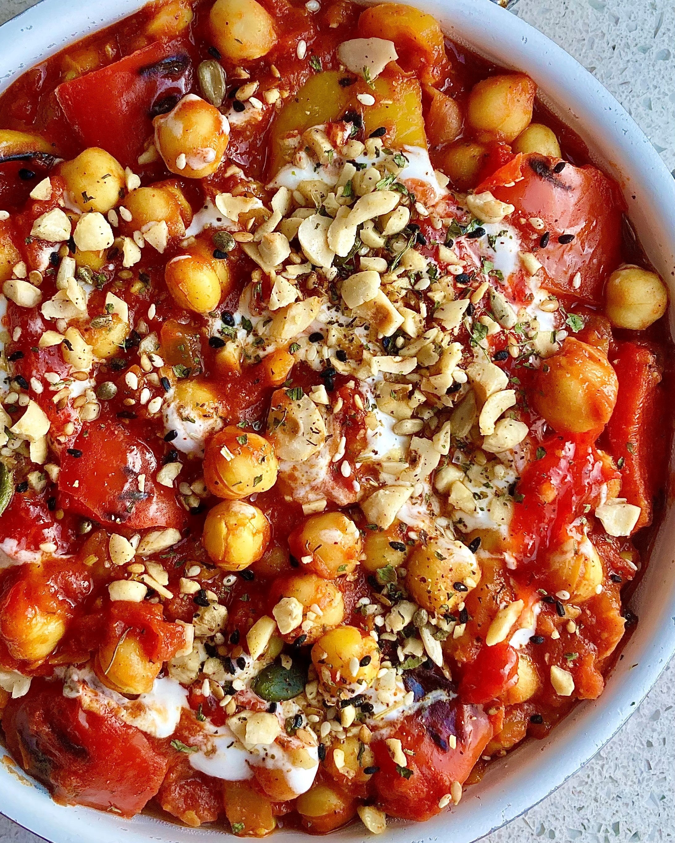 Chickpea + Charred Red Pepper Stew with Hazelnut Dukkah Bold Bean Co