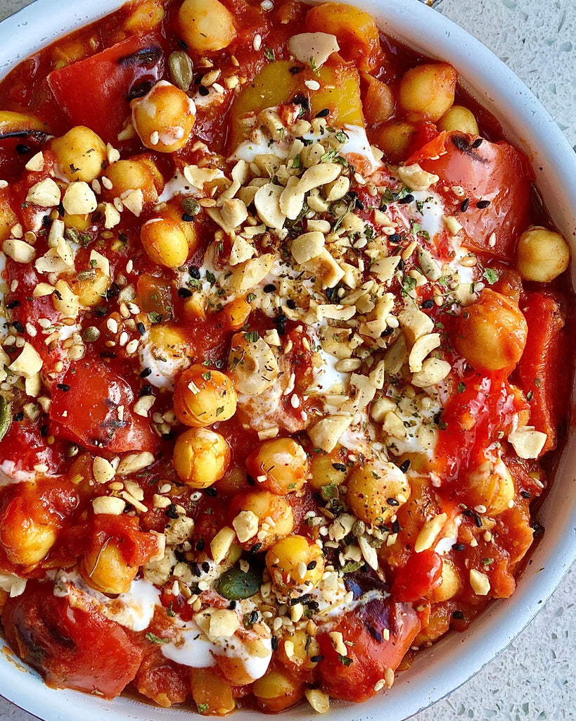 Chickpea + Charred Red Pepper Stew with Hazelnut Dukkah