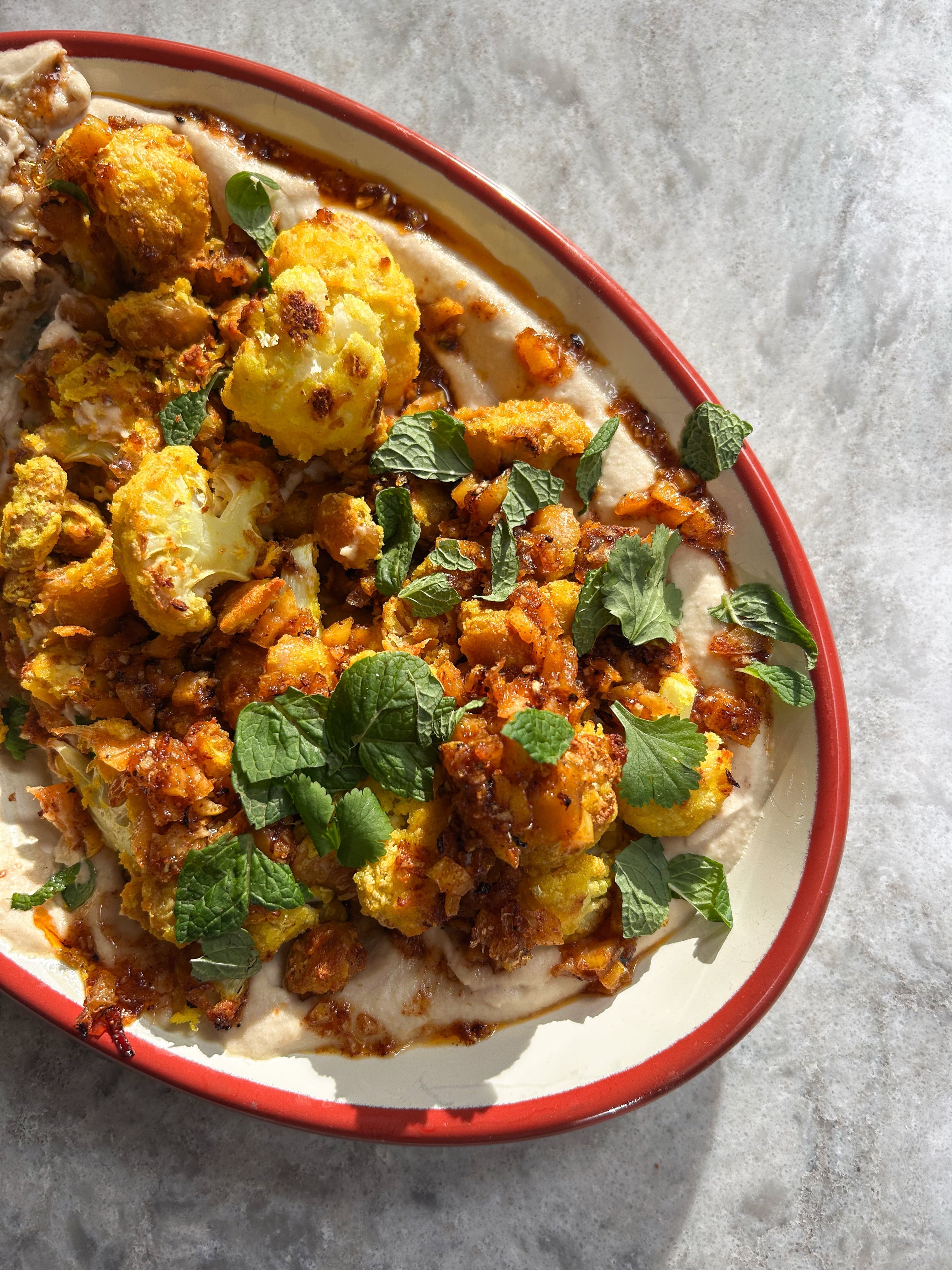 Butter Bean Hummus with Turmeric Roasted White Beans + Cauliflower