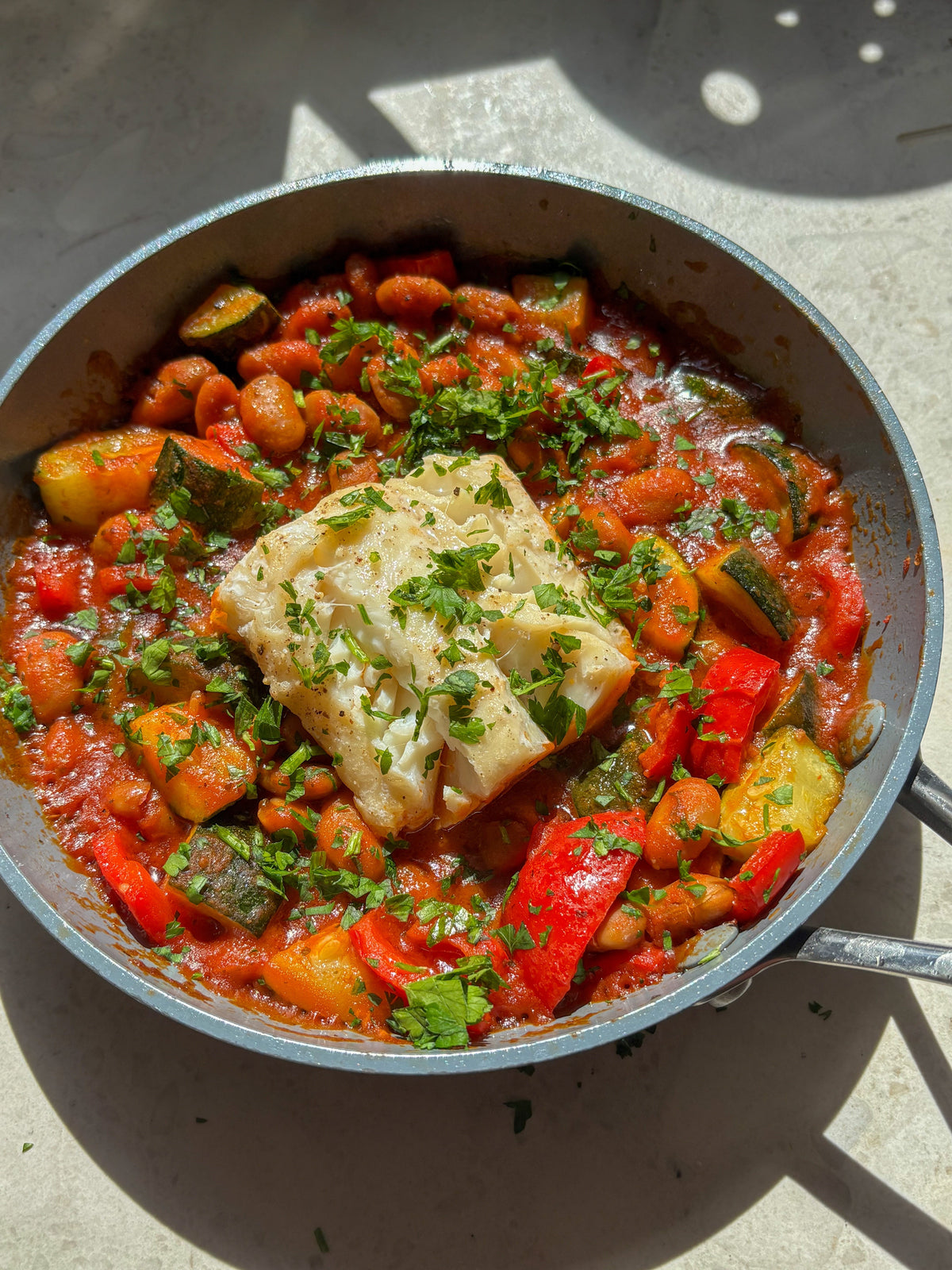  Rich Tomato Baked Beans with Cod + Mediterranean Veg 