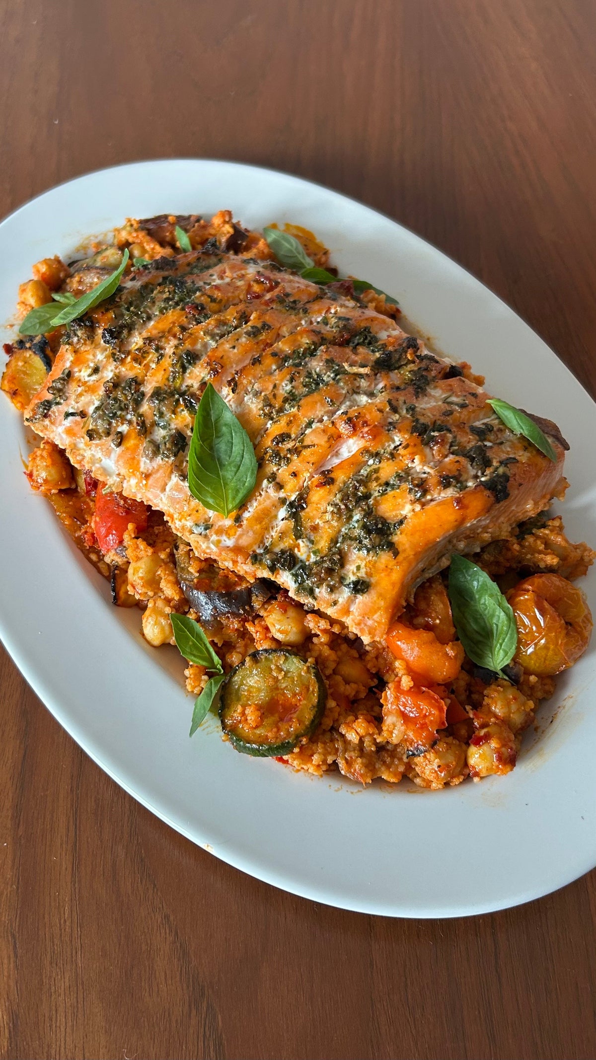 Golden Hasselback Salmon, Tomatoey`Chickpeas + Harissa Yogurt 