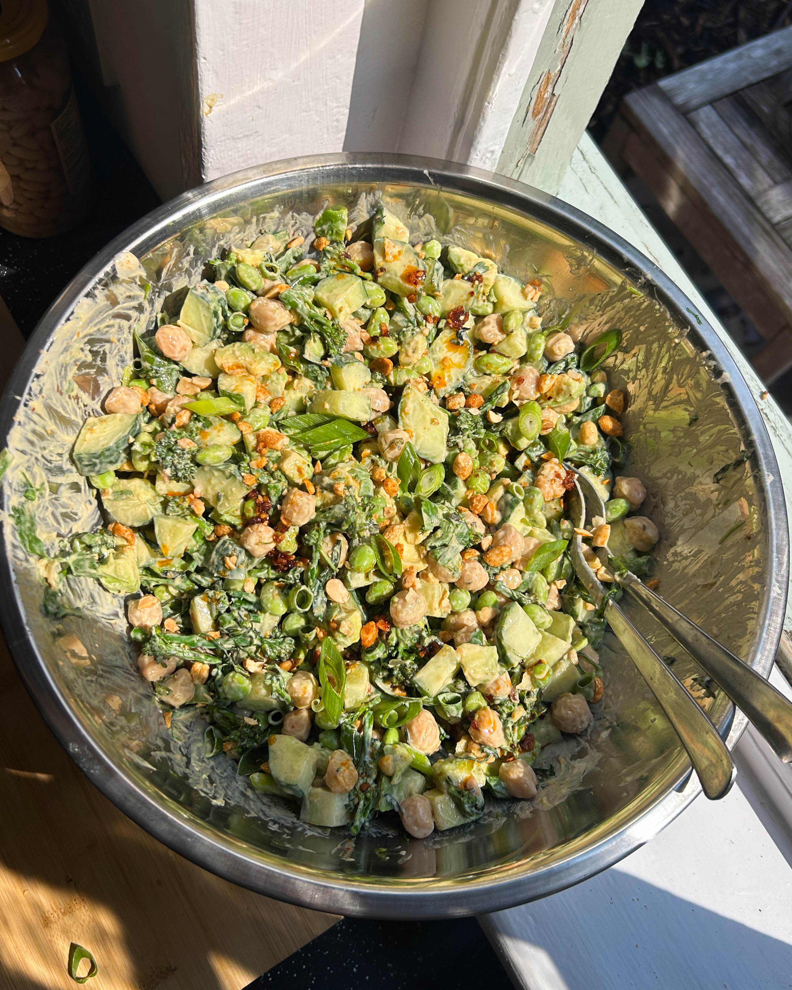 Creamy Silken Tofu Chickpea Salad with Chilli Oil Swirl
