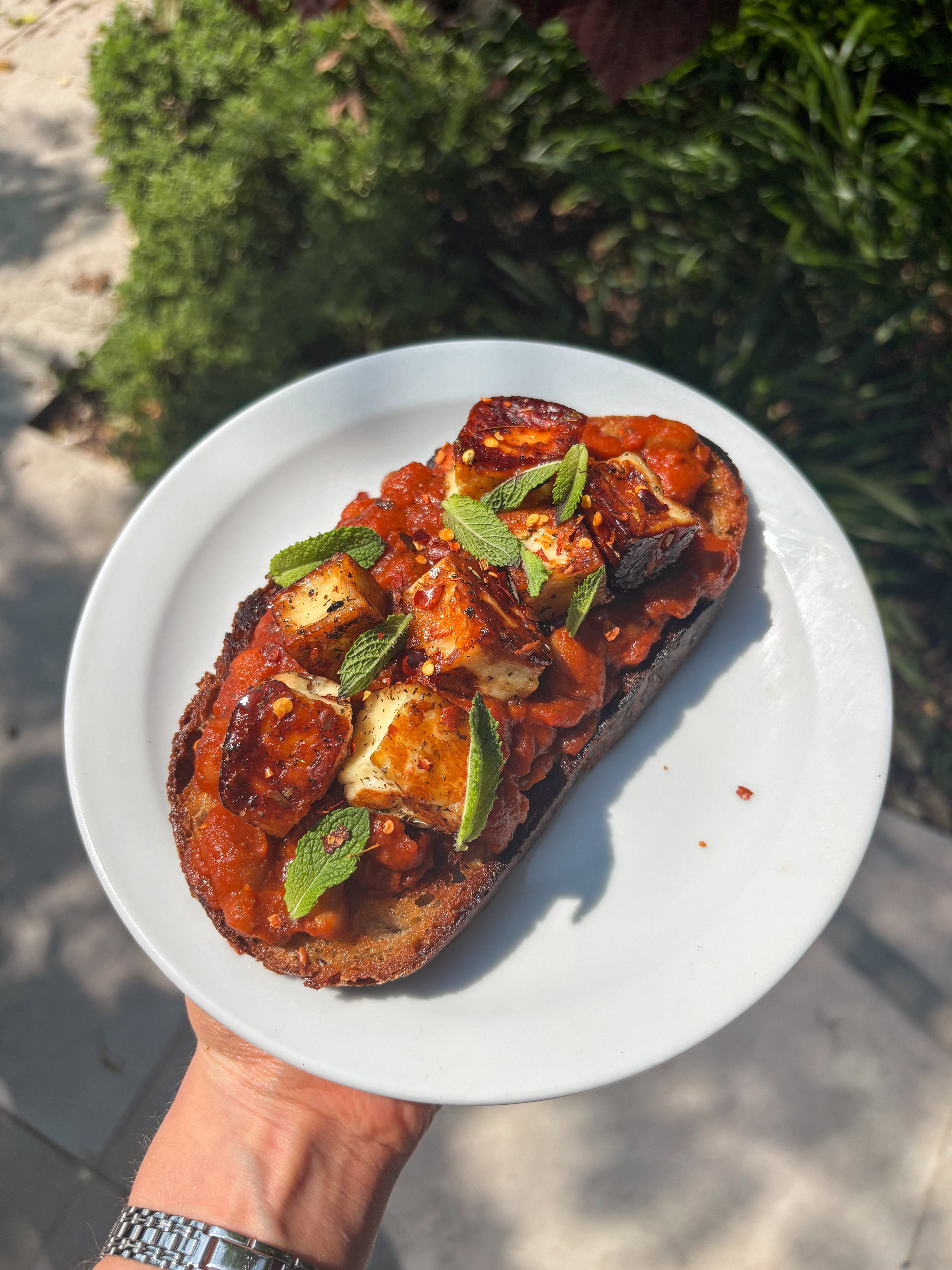 Rich Tomato Baked Beans, with Mint, Oregano + Honey-Glazed Halloumi