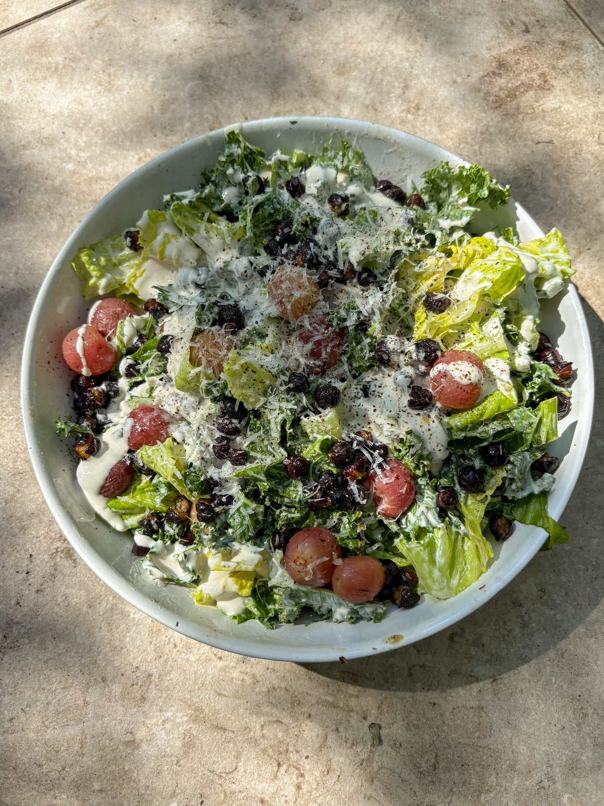 Kale + Tahini Caesar Salad with Crunchy Za'atar Black Chickpeas + Roasted Grapes 
