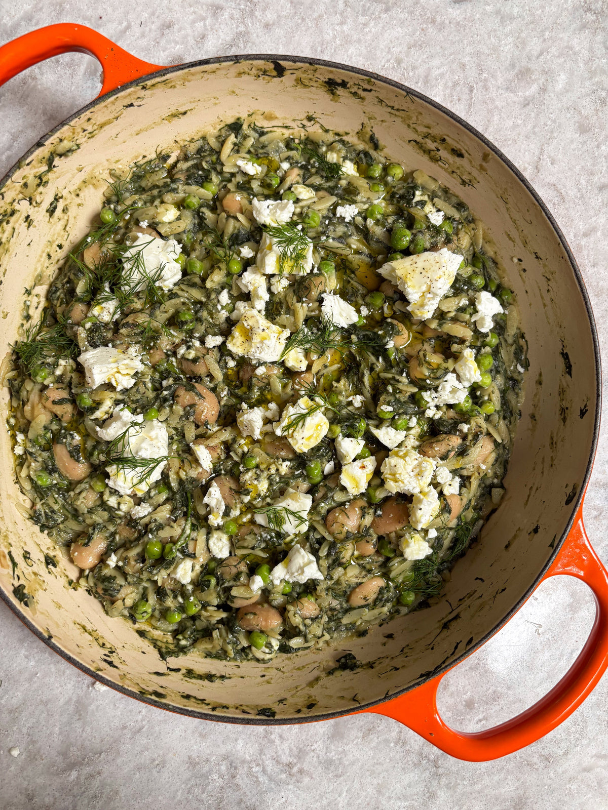  One-Pot Butter Bean, Spinach + Feta Orzo 