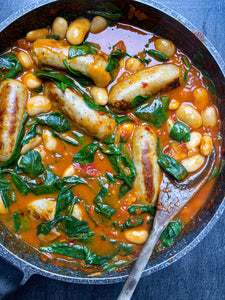 One-Pan Spicy Sausage + Beans
